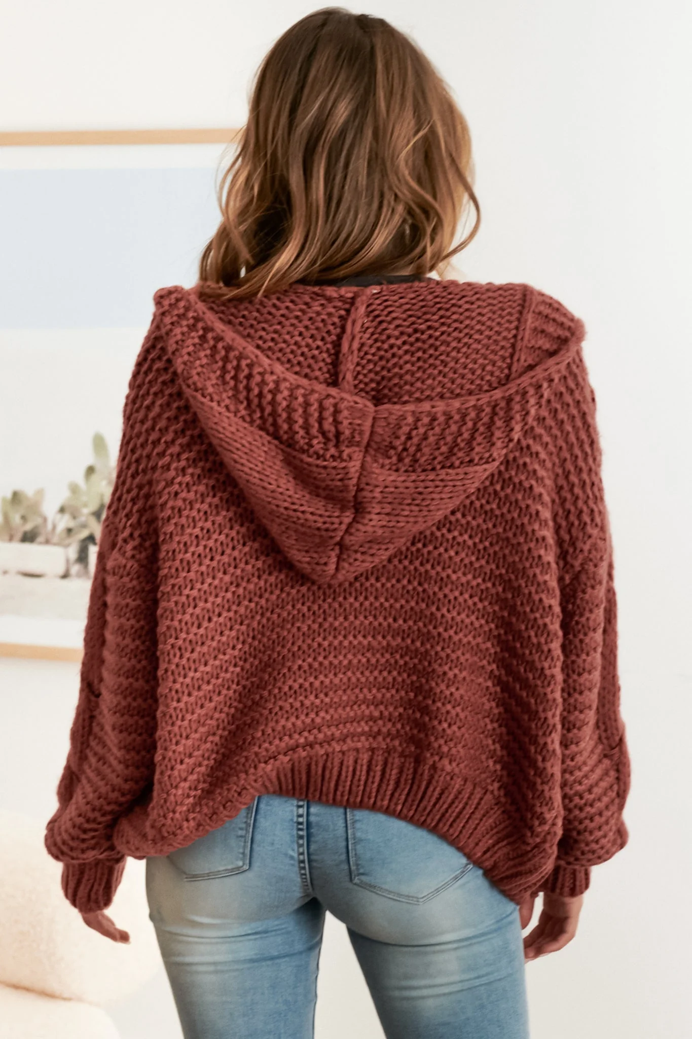 Maple Knit - Chunky Cable Knit Hooded Crop Cardigan in Rust - Image 7