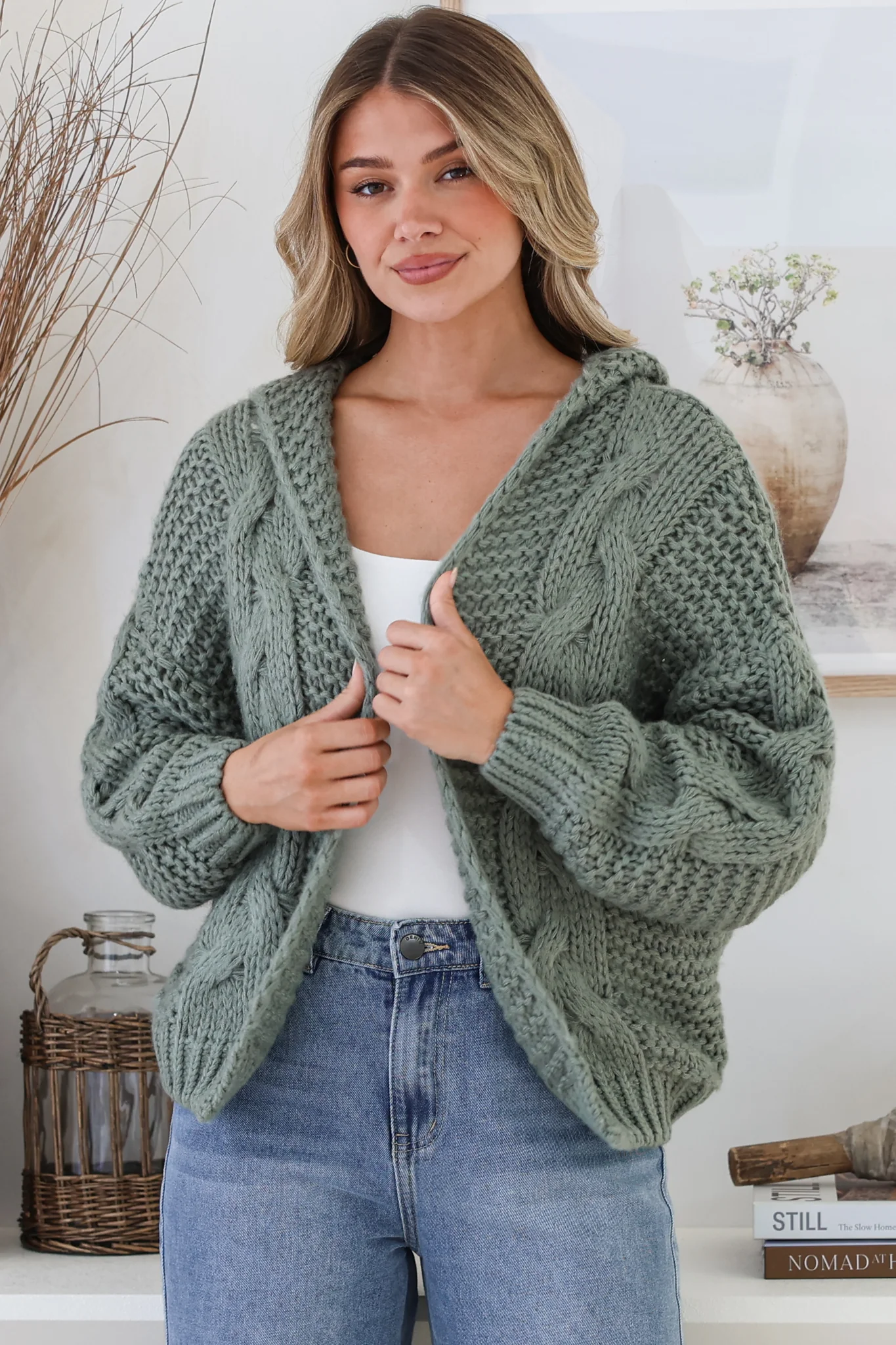 Maple Knit - Chunky Cable Knit Hooded Crop Cardigan in Sage
