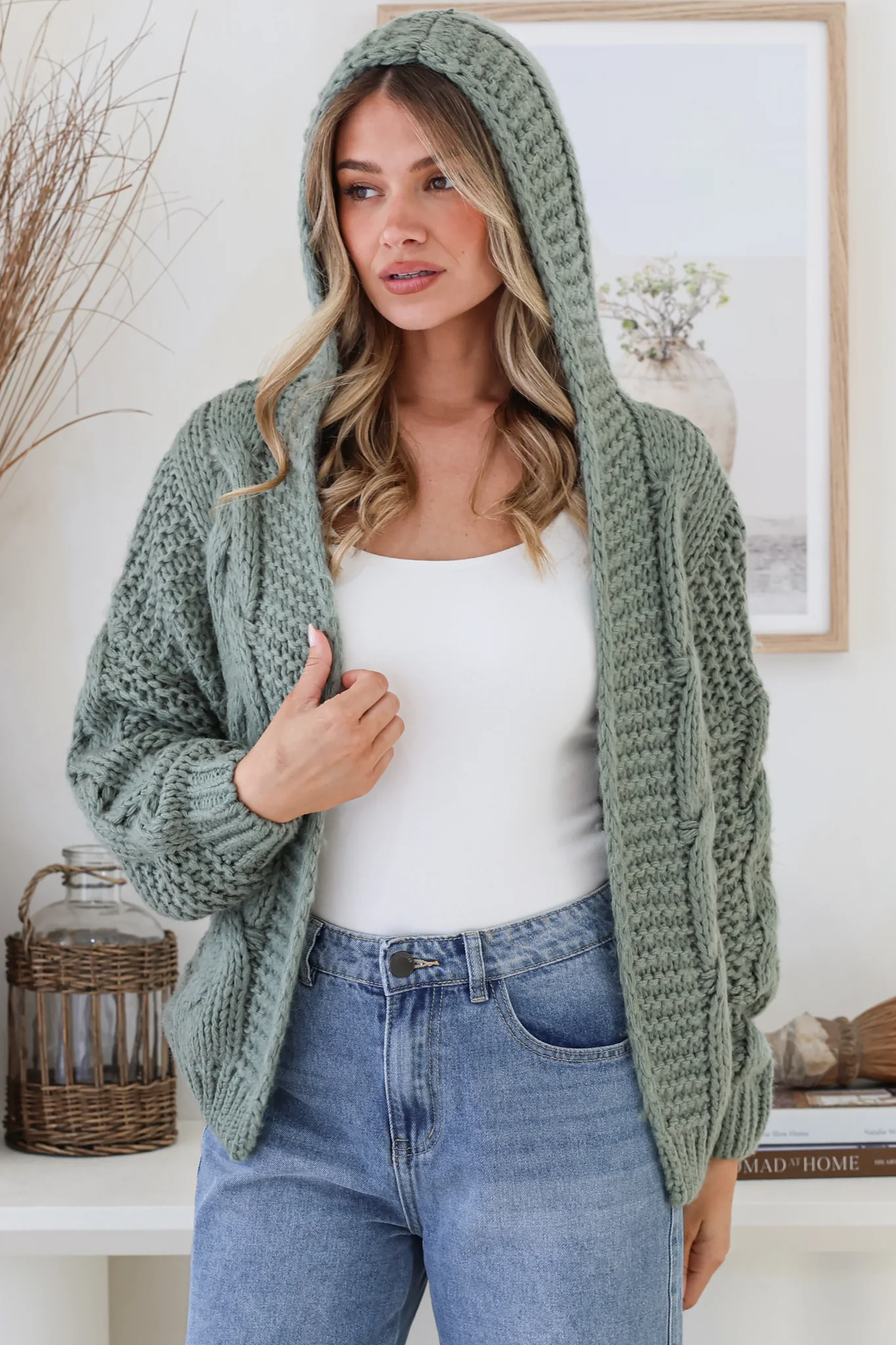 Maple Knit - Chunky Cable Knit Hooded Crop Cardigan in Sage - Image 2