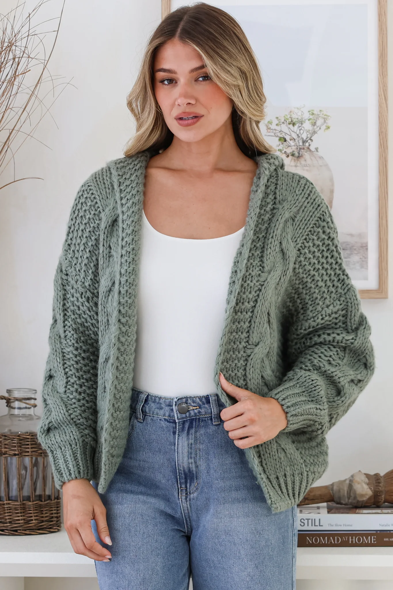 Maple Knit - Chunky Cable Knit Hooded Crop Cardigan in Sage - Image 3