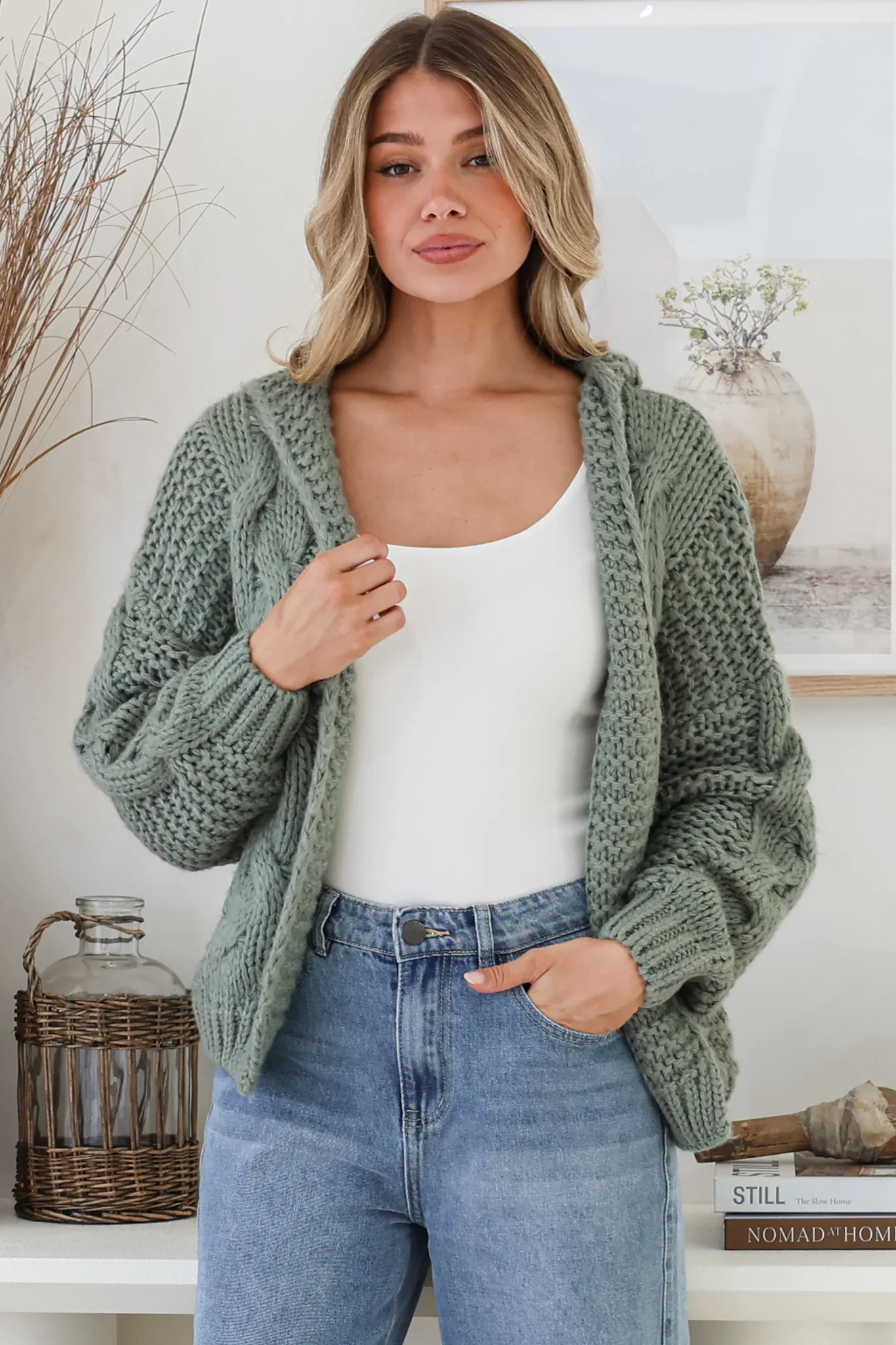 Maple Knit - Chunky Cable Knit Hooded Crop Cardigan in Sage - Image 5