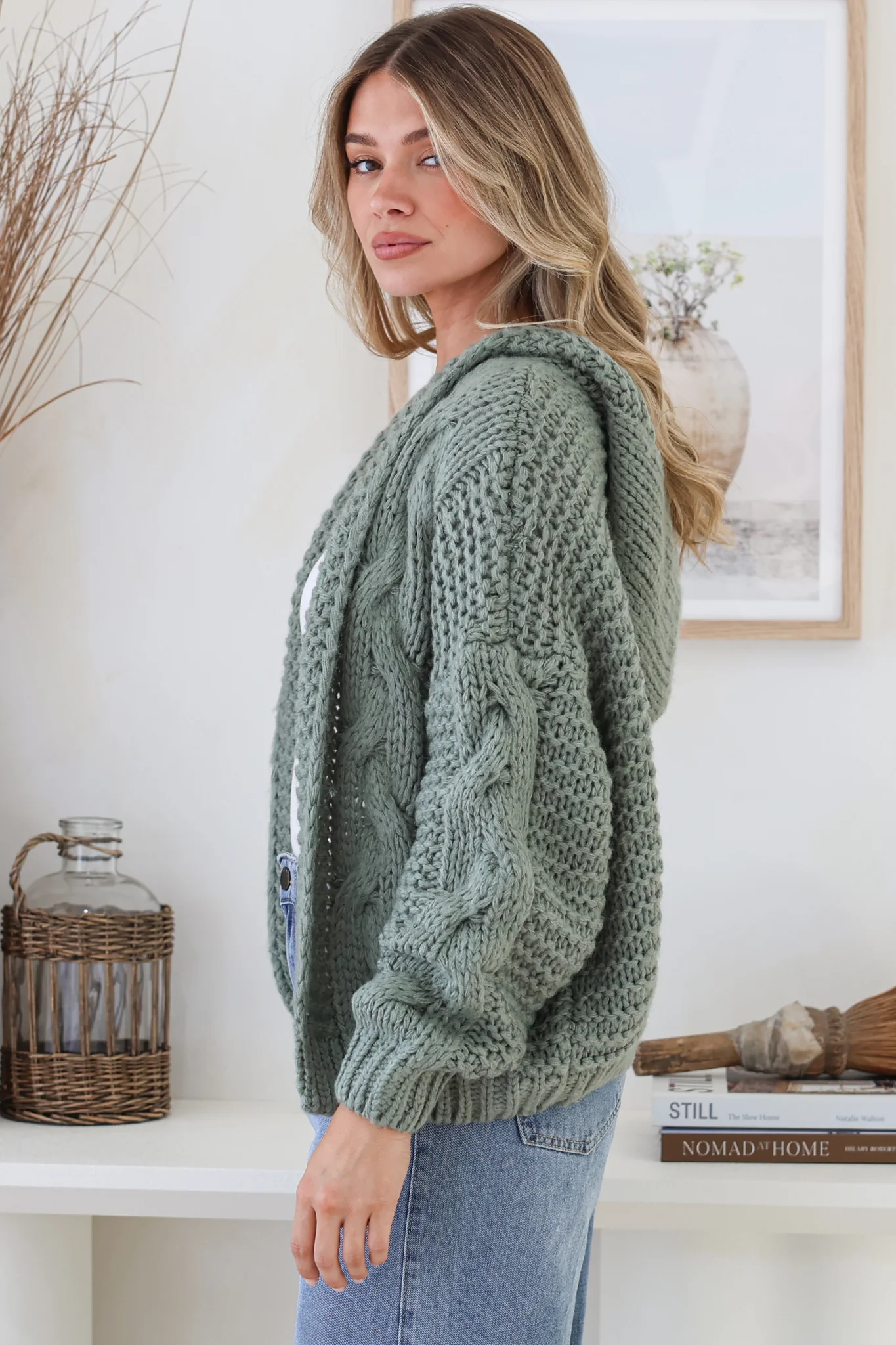 Maple Knit - Chunky Cable Knit Hooded Crop Cardigan in Sage - Image 6