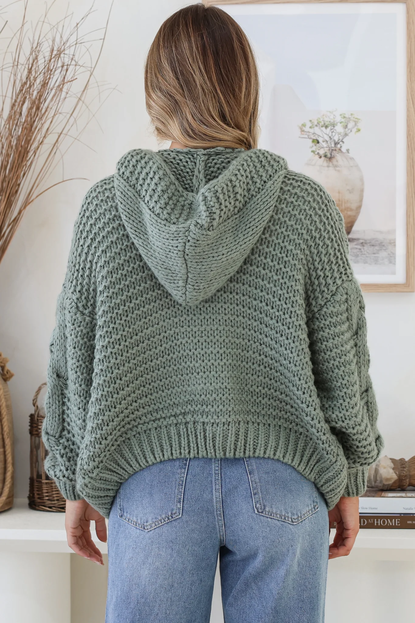 Maple Knit - Chunky Cable Knit Hooded Crop Cardigan in Sage - Image 7