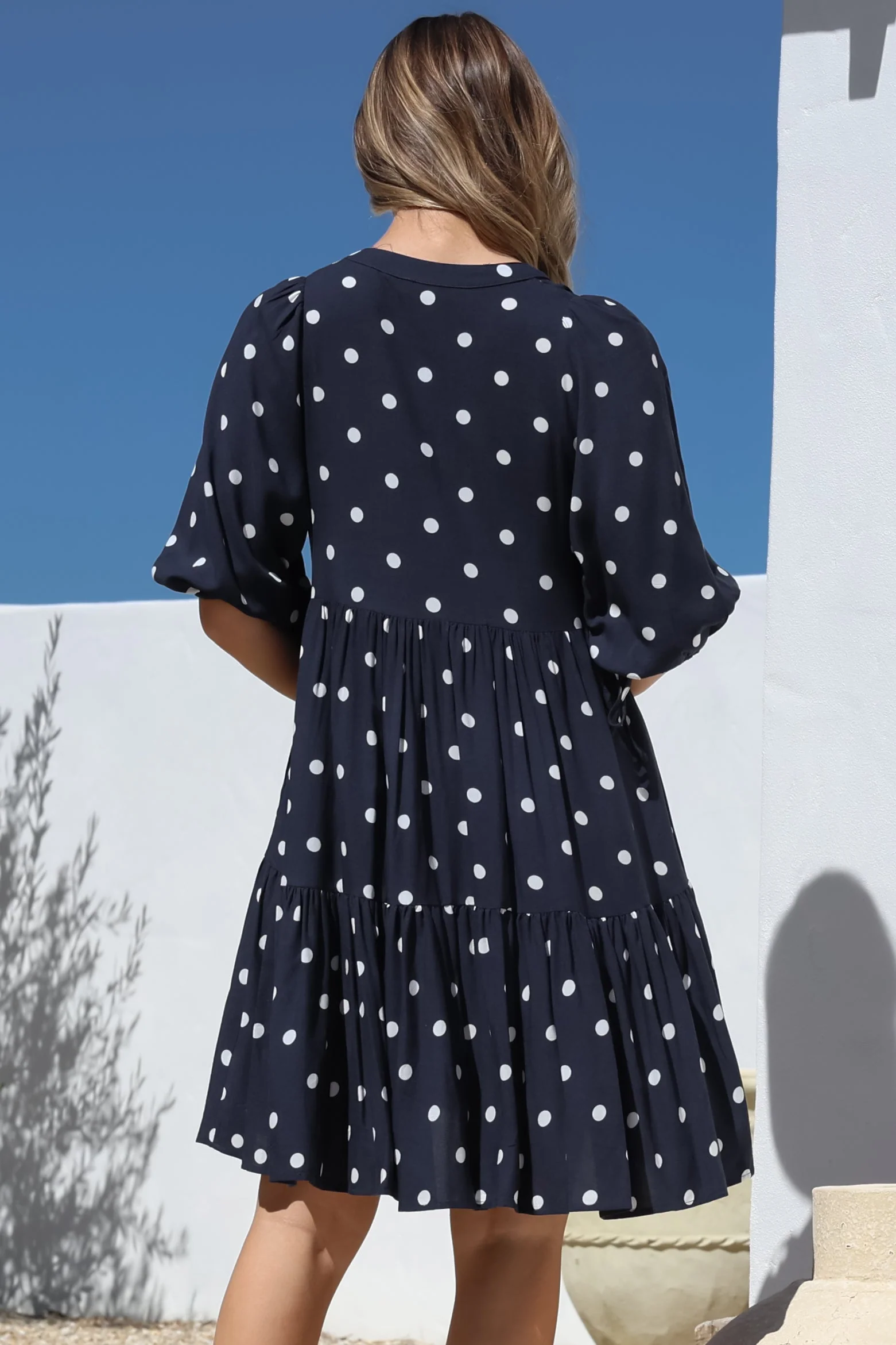 Marah Mini Dress - Mandarin Collar Short Sleeve with Tie Smock Dress in Parisian Polka Navy - Image 10