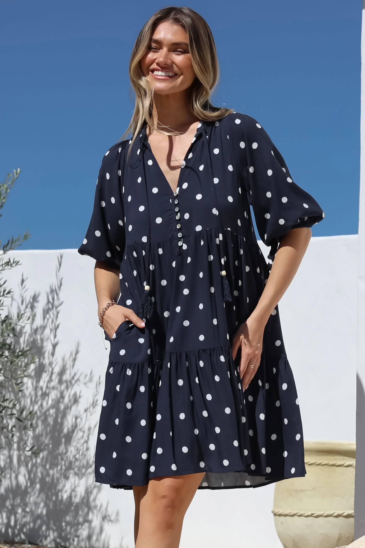 Marah Mini Dress - Mandarin Collar Short Sleeve with Tie Smock Dress in Parisian Polka Navy - Image 3