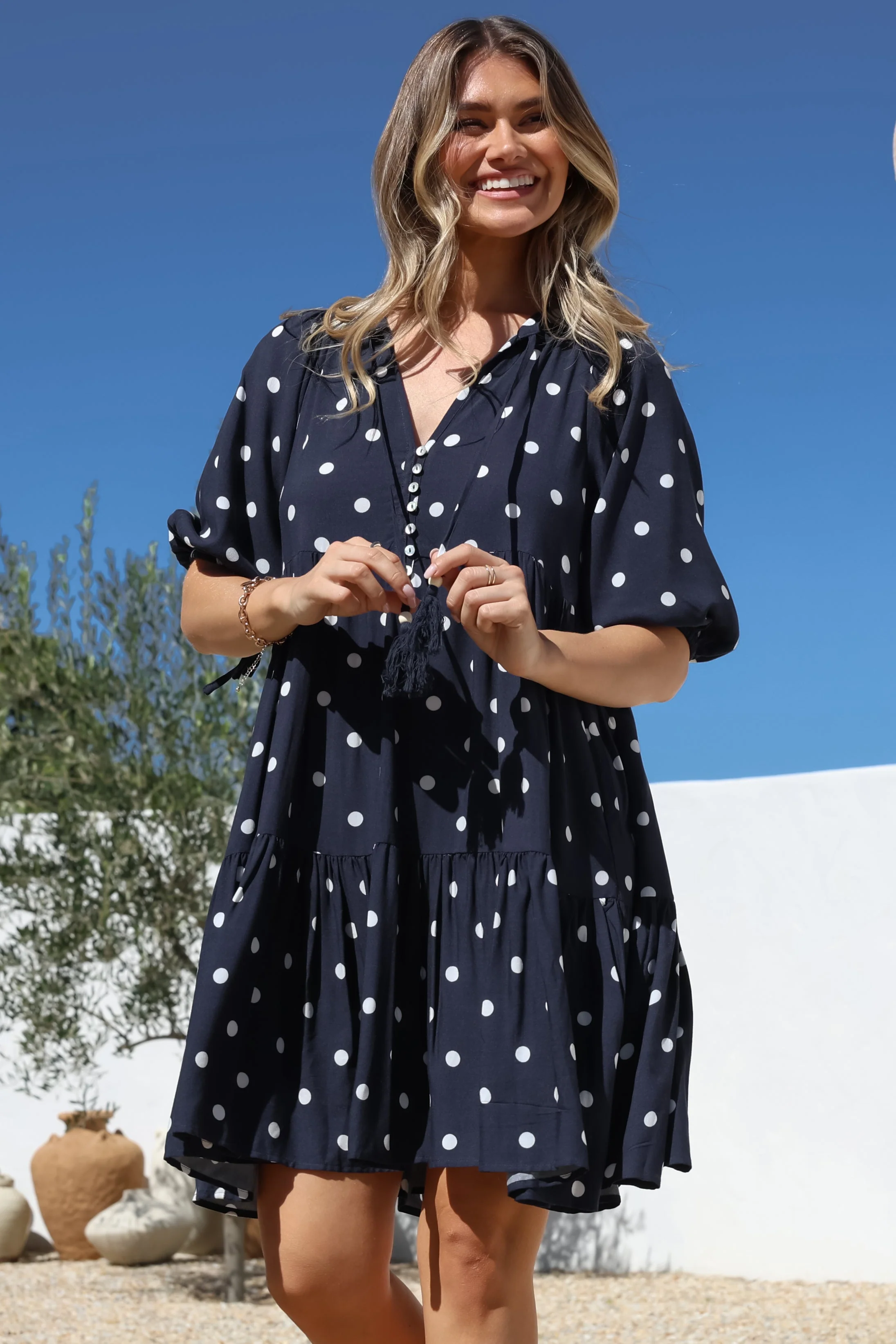 Marah Mini Dress - Mandarin Collar Short Sleeve with Tie Smock Dress in Parisian Polka Navy - Image 5