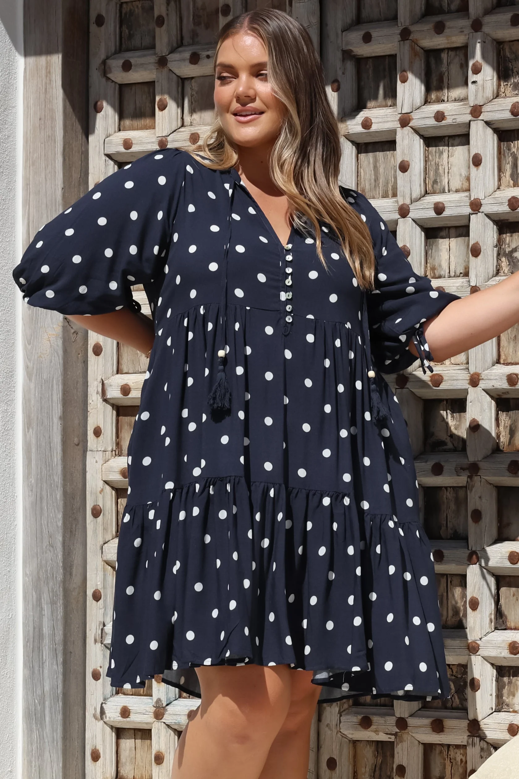 Marah Mini Dress - Mandarin Collar Short Sleeve with Tie Smock Dress in Parisian Polka Navy - Image 6