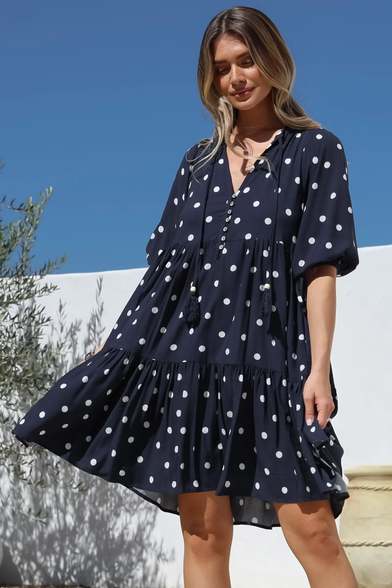 Marah Mini Dress - Mandarin Collar Short Sleeve with Tie Smock Dress in Parisian Polka Navy - Image 7