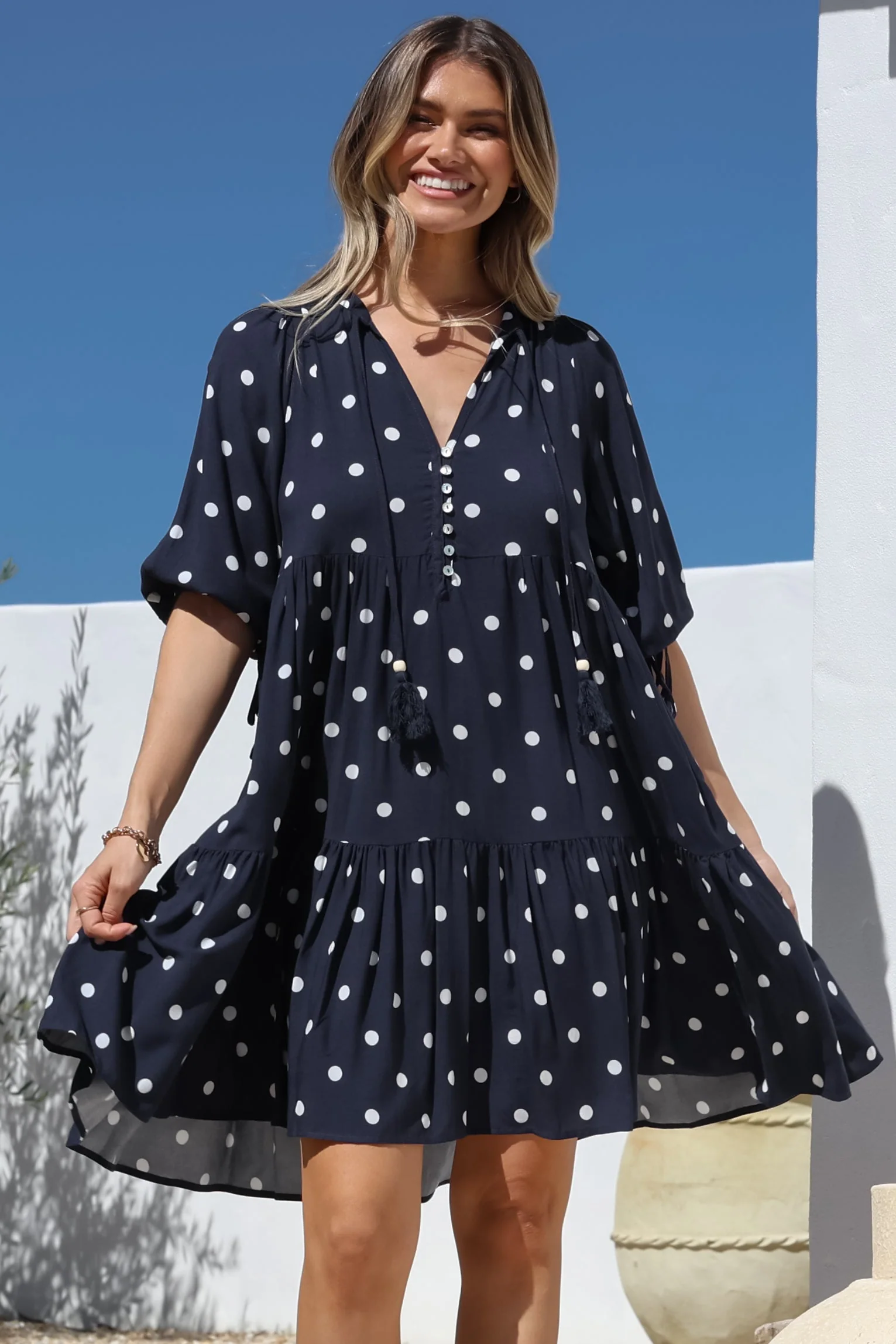 Marah Mini Dress - Mandarin Collar Short Sleeve with Tie Smock Dress in Parisian Polka Navy - Image 8