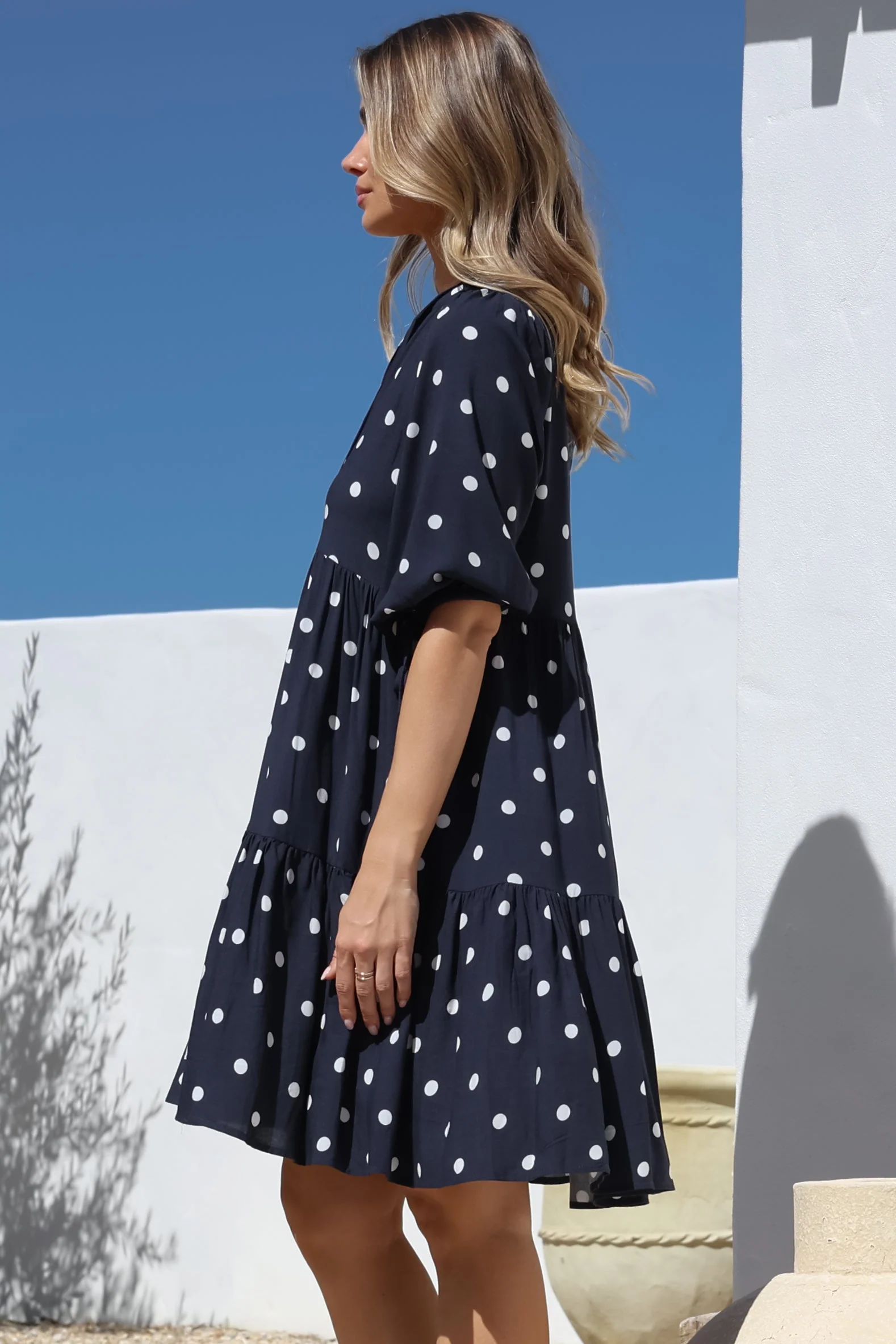 Marah Mini Dress - Mandarin Collar Short Sleeve with Tie Smock Dress in Parisian Polka Navy - Image 9