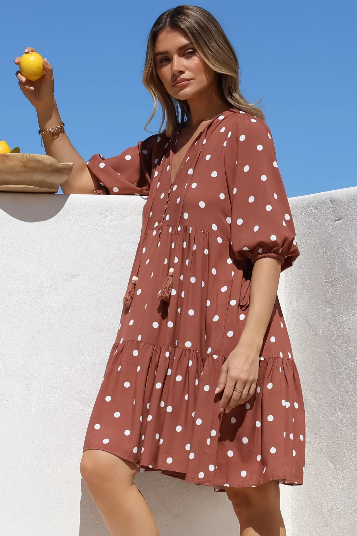 Marah Mini Dress - Mandarin Collar Short Sleeve with Tie Smock Dress in Parisian Polka Rust - Image 10