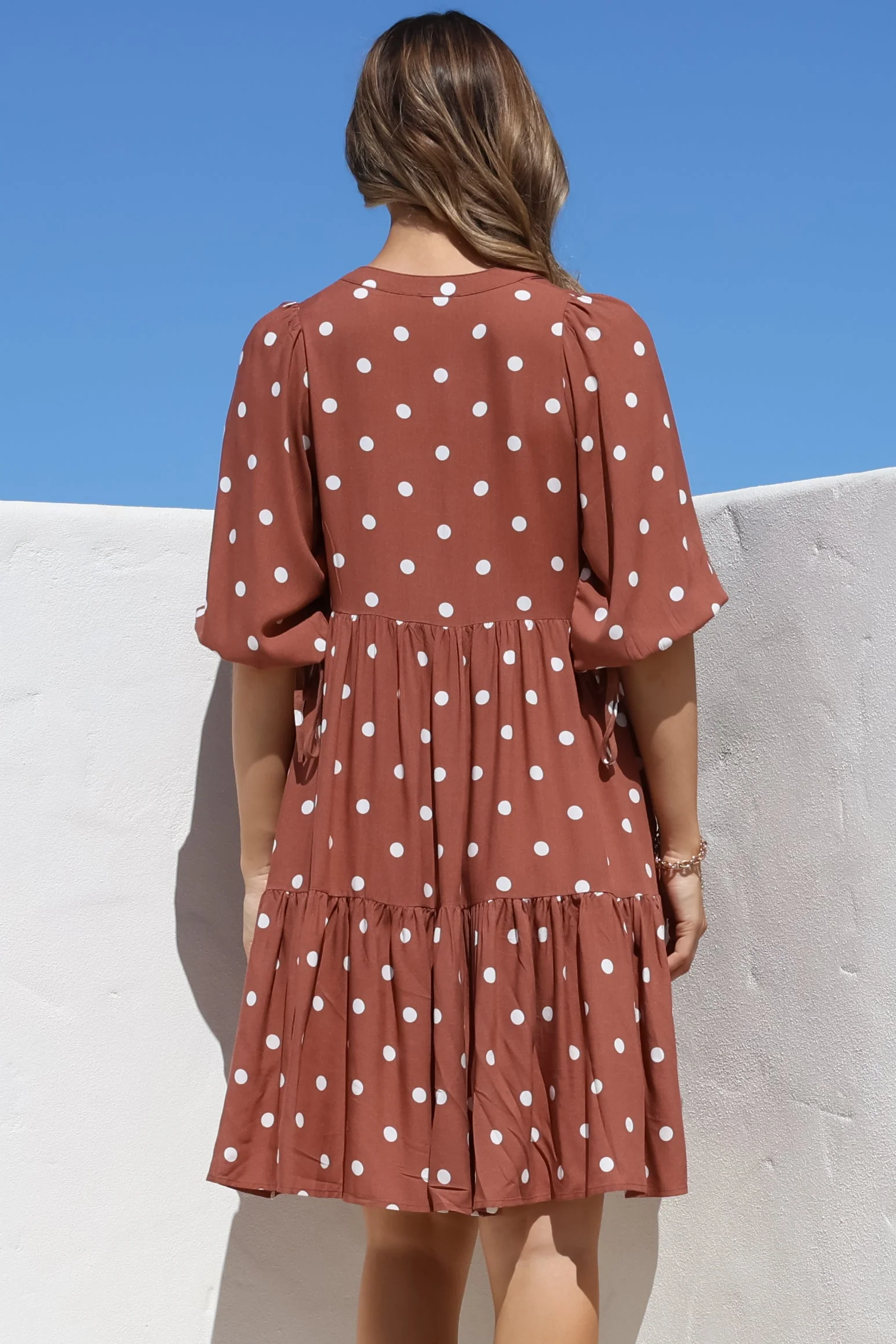 Marah Mini Dress - Mandarin Collar Short Sleeve with Tie Smock Dress in Parisian Polka Rust - Image 11