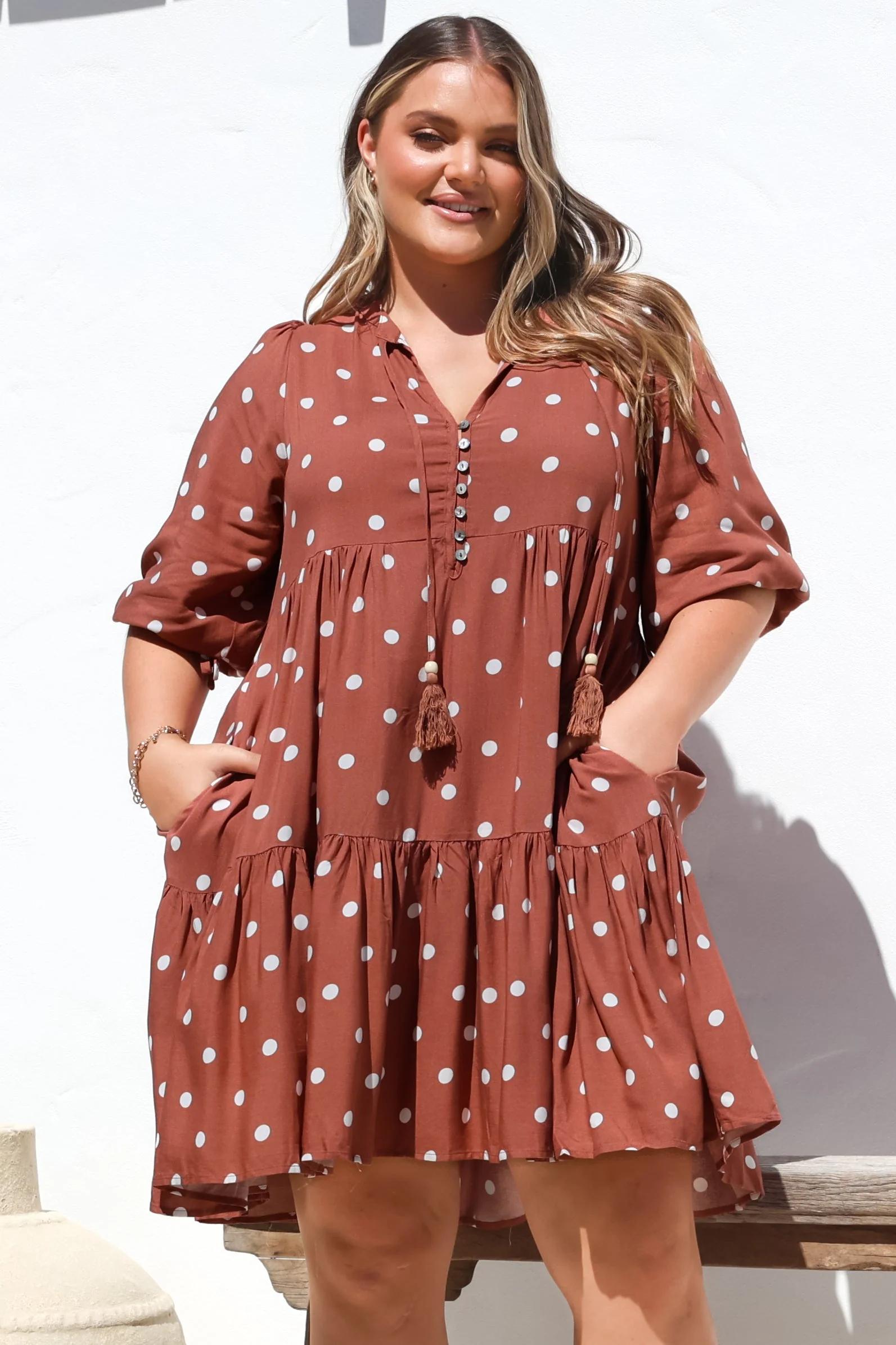 Marah Mini Dress - Mandarin Collar Short Sleeve with Tie Smock Dress in Parisian Polka Rust - Image 2