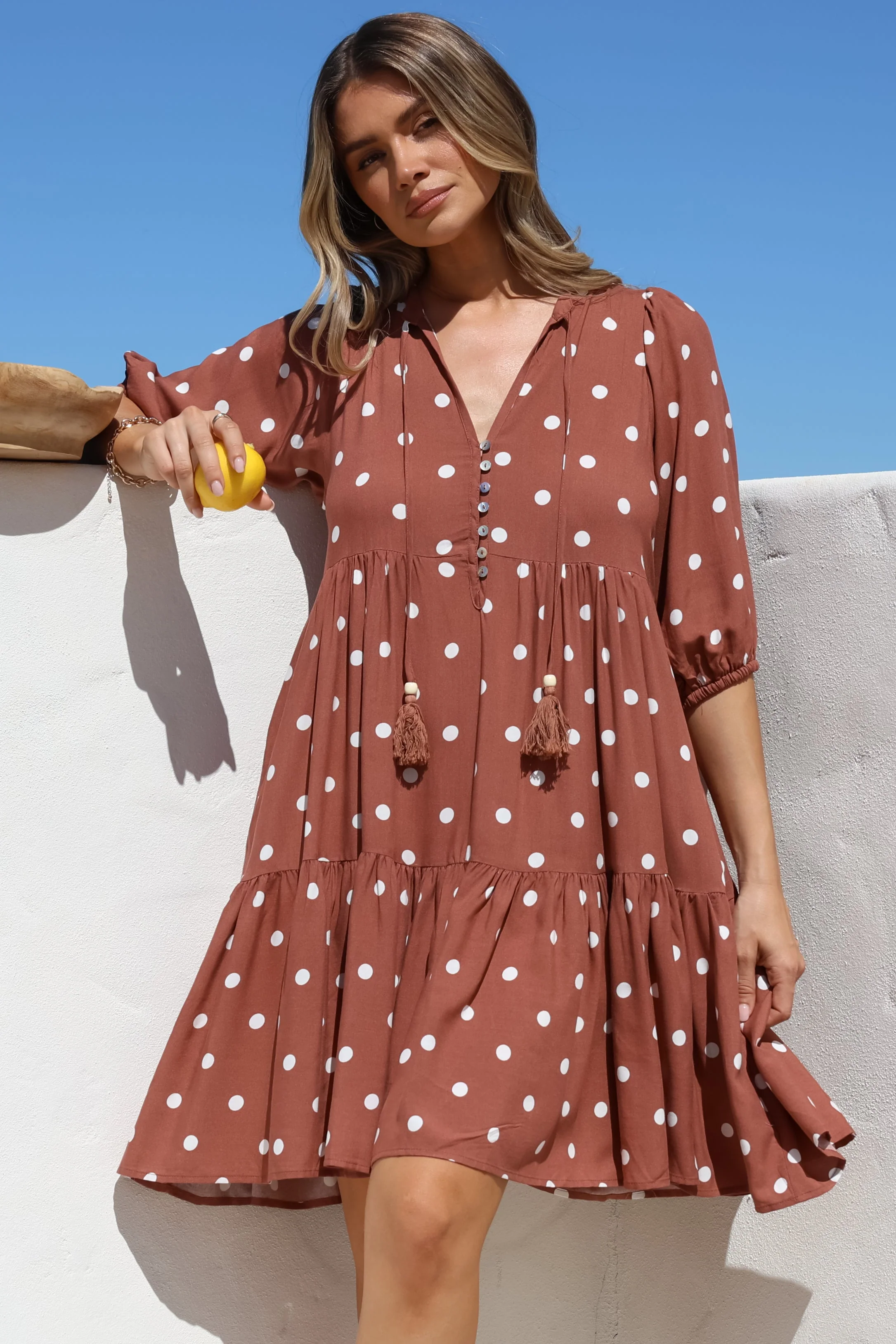 Marah Mini Dress - Mandarin Collar Short Sleeve with Tie Smock Dress in Parisian Polka Rust - Image 3