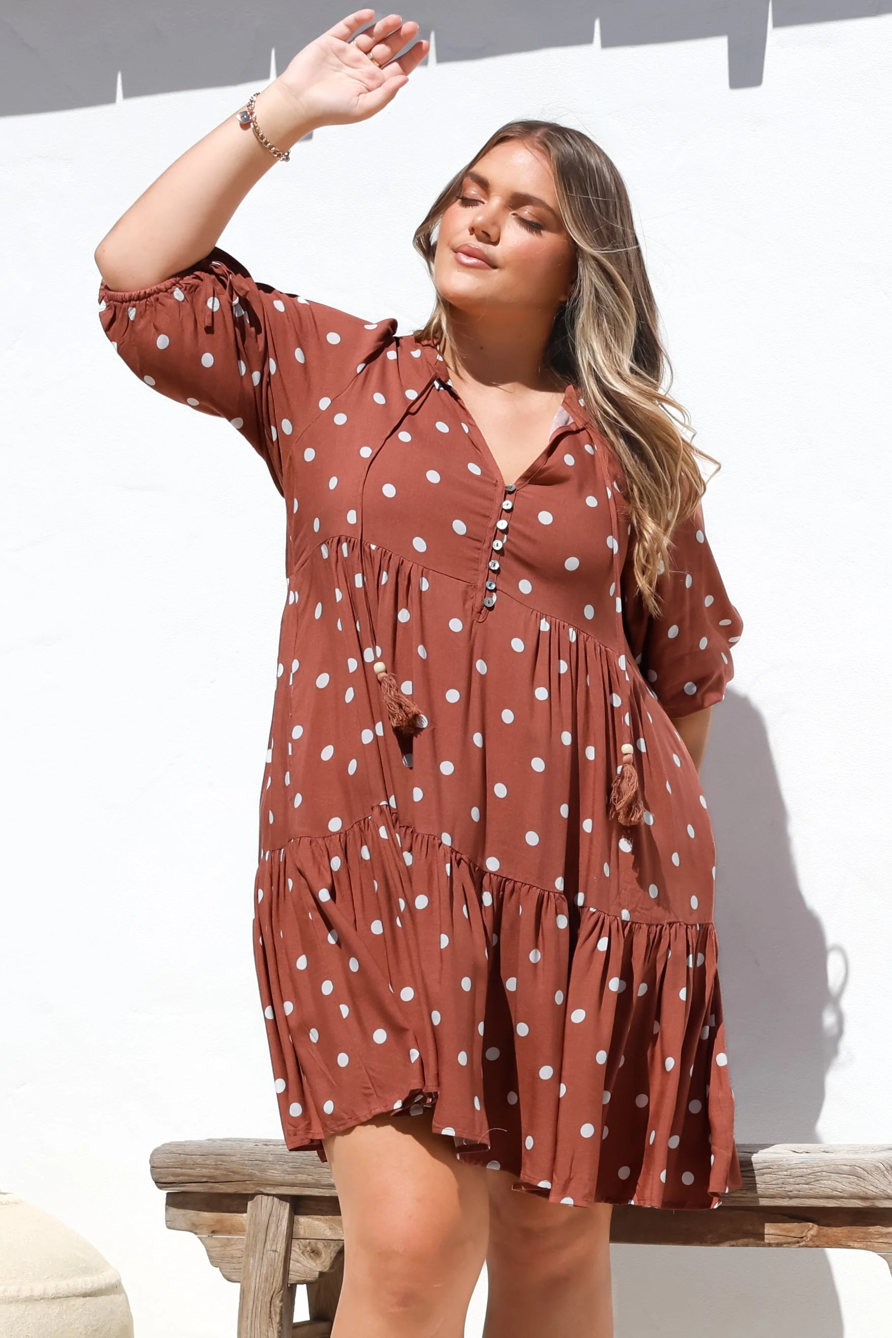 Marah Mini Dress - Mandarin Collar Short Sleeve with Tie Smock Dress in Parisian Polka Rust - Image 4