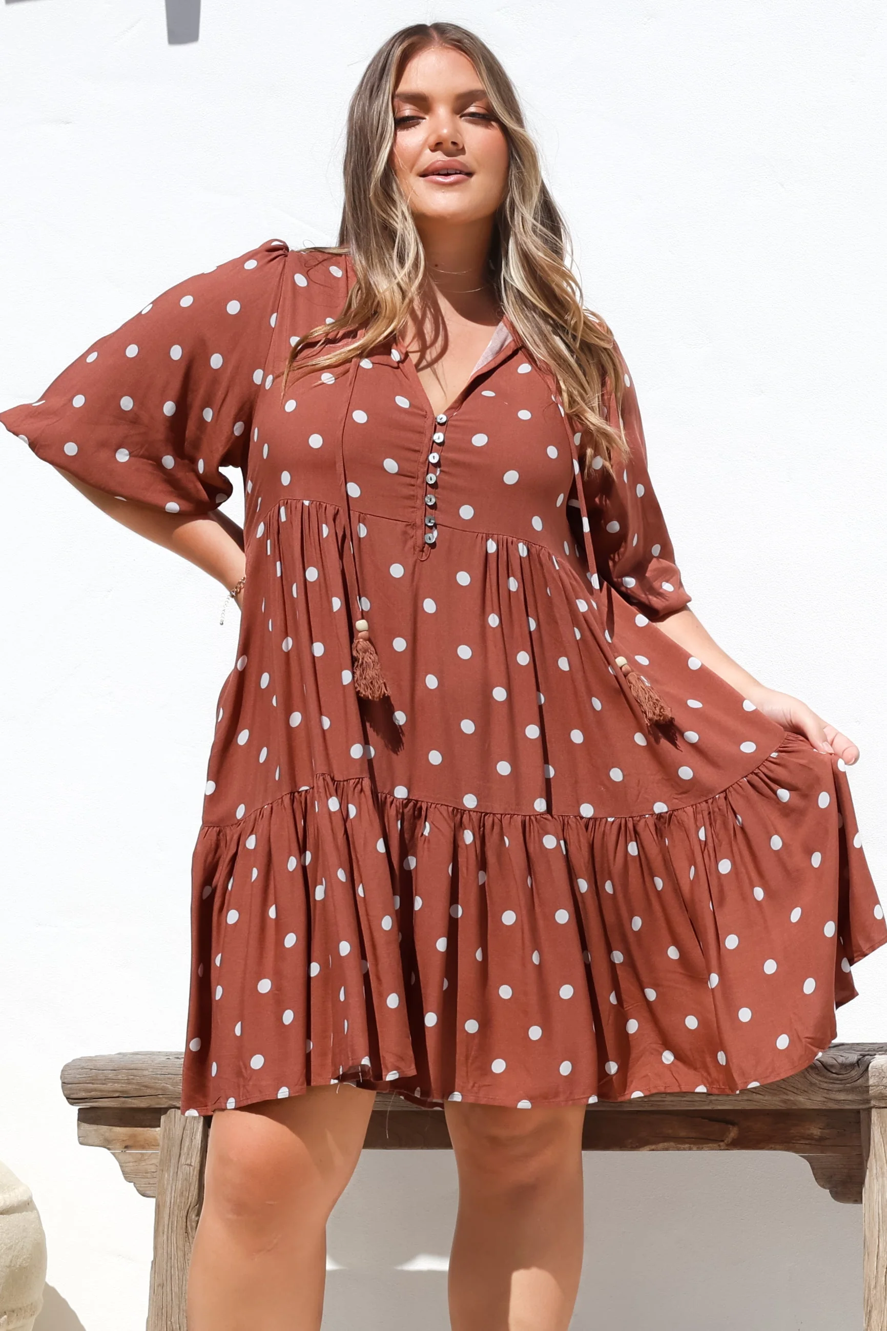 Marah Mini Dress - Mandarin Collar Short Sleeve with Tie Smock Dress in Parisian Polka Rust - Image 5