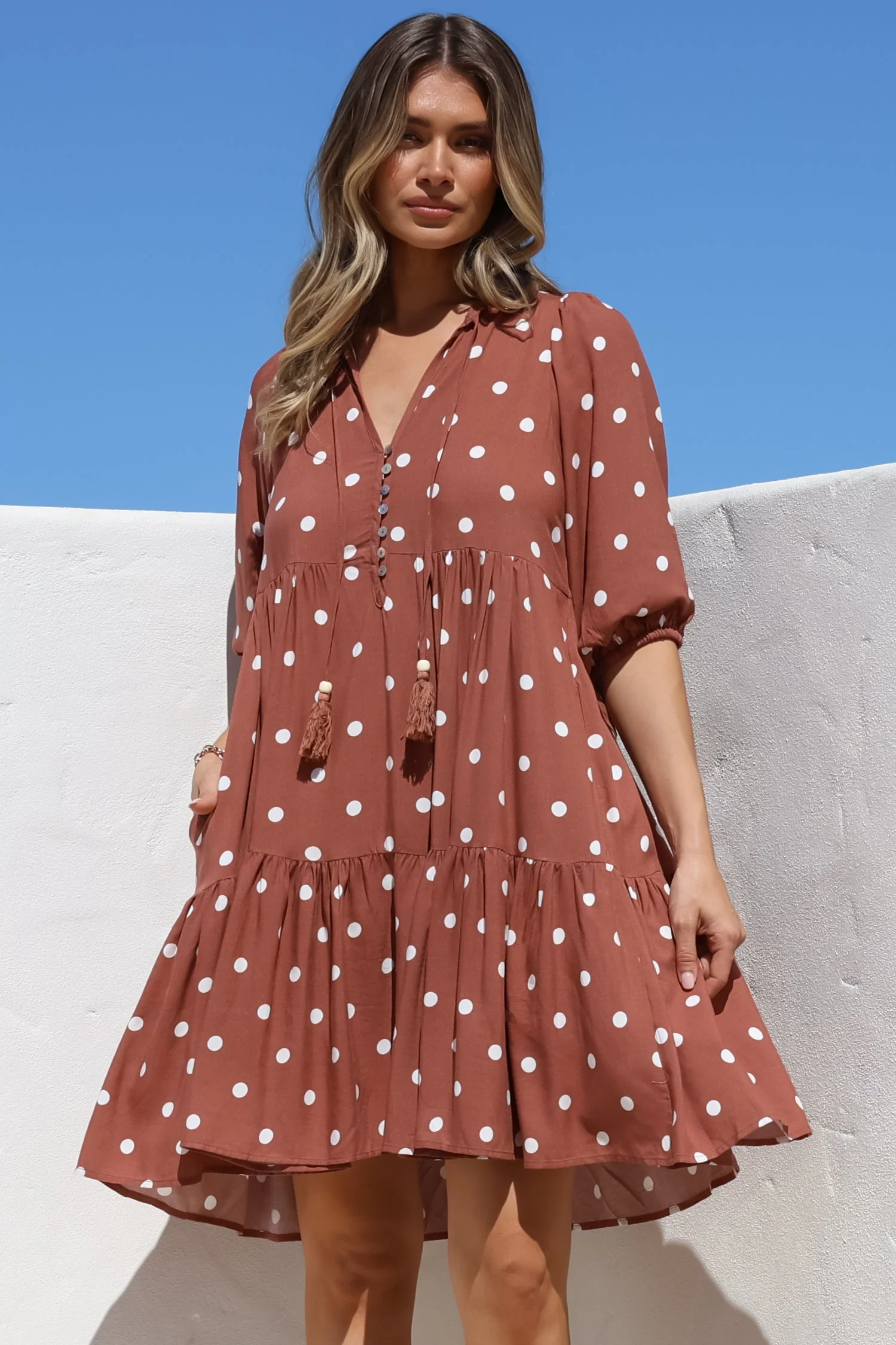 Marah Mini Dress - Mandarin Collar Short Sleeve with Tie Smock Dress in Parisian Polka Rust - Image 6