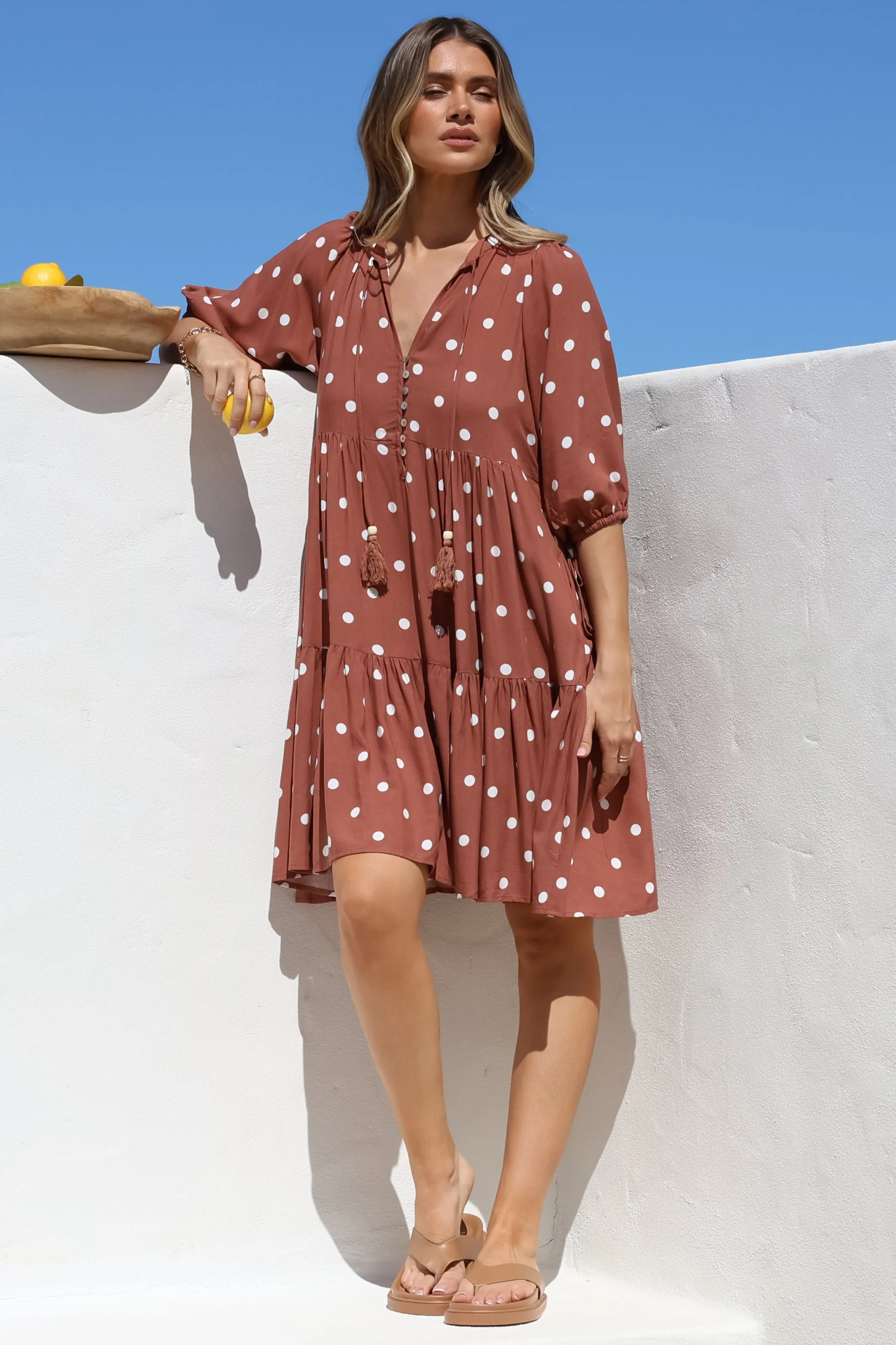 Marah Mini Dress - Mandarin Collar Short Sleeve with Tie Smock Dress in Parisian Polka Rust - Image 7