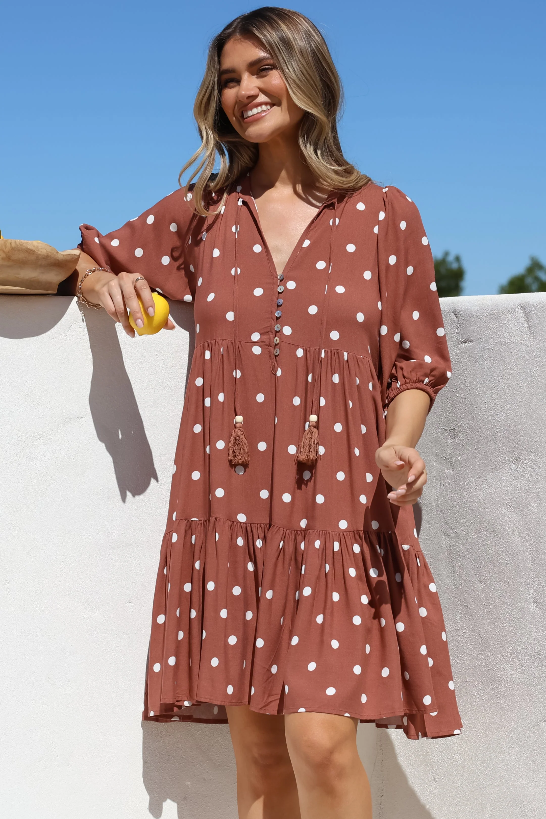 Marah Mini Dress - Mandarin Collar Short Sleeve with Tie Smock Dress in Parisian Polka Rust - Image 8
