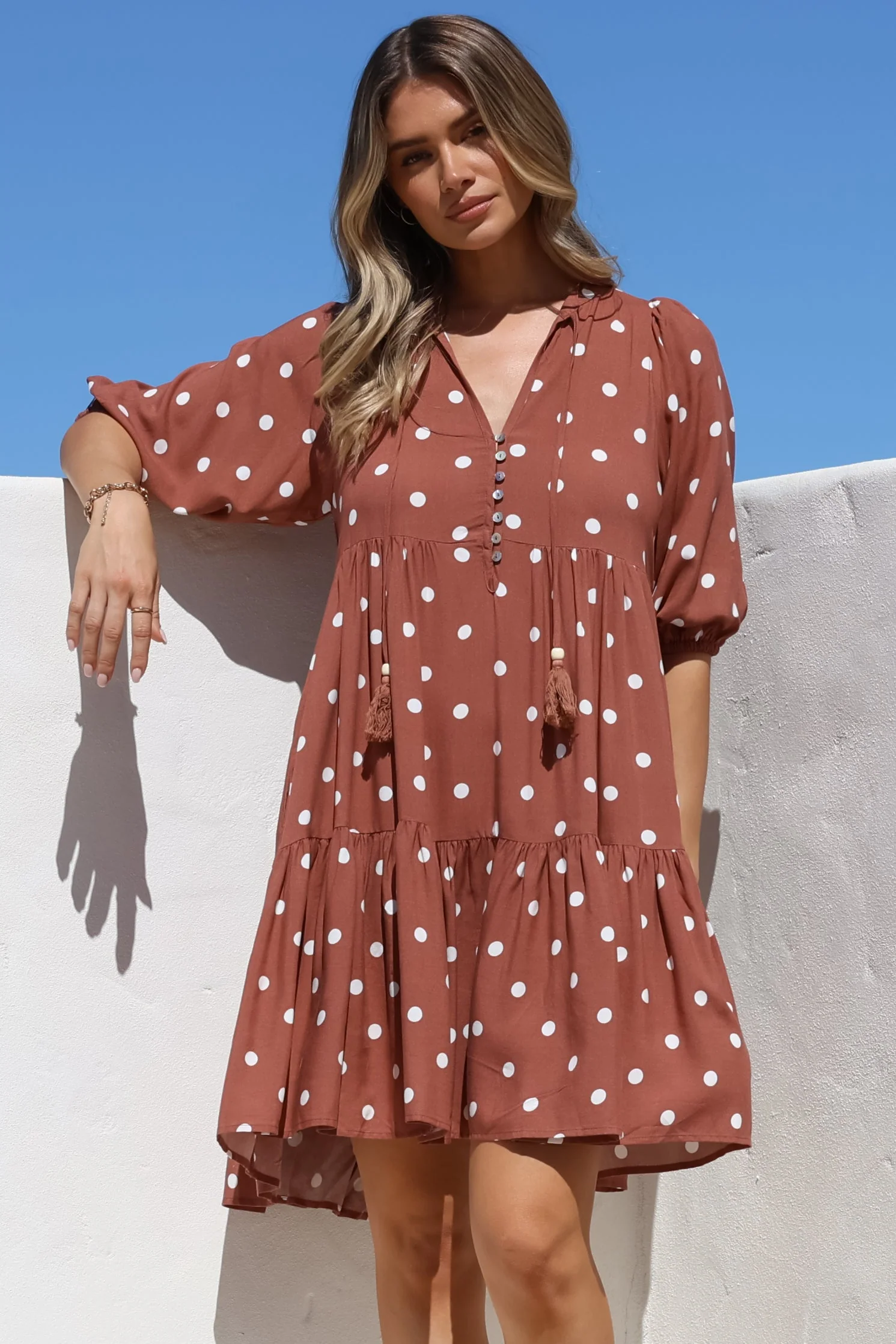 Marah Mini Dress - Mandarin Collar Short Sleeve with Tie Smock Dress in Parisian Polka Rust - Image 9
