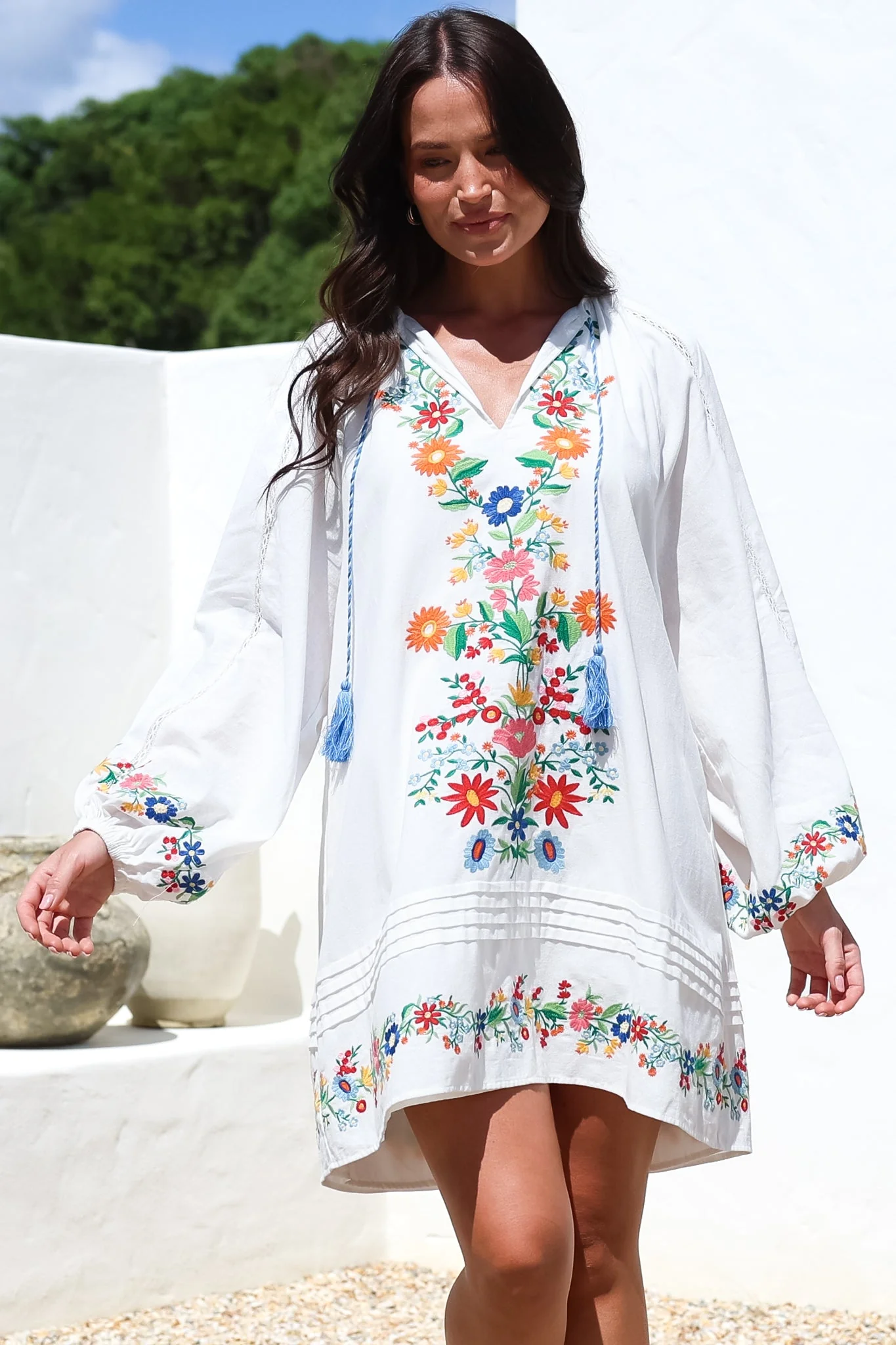 Margerie Long Sleeve Mini Dress - V-Neck Multicoloured Floral Embroidered Shift Dress in White