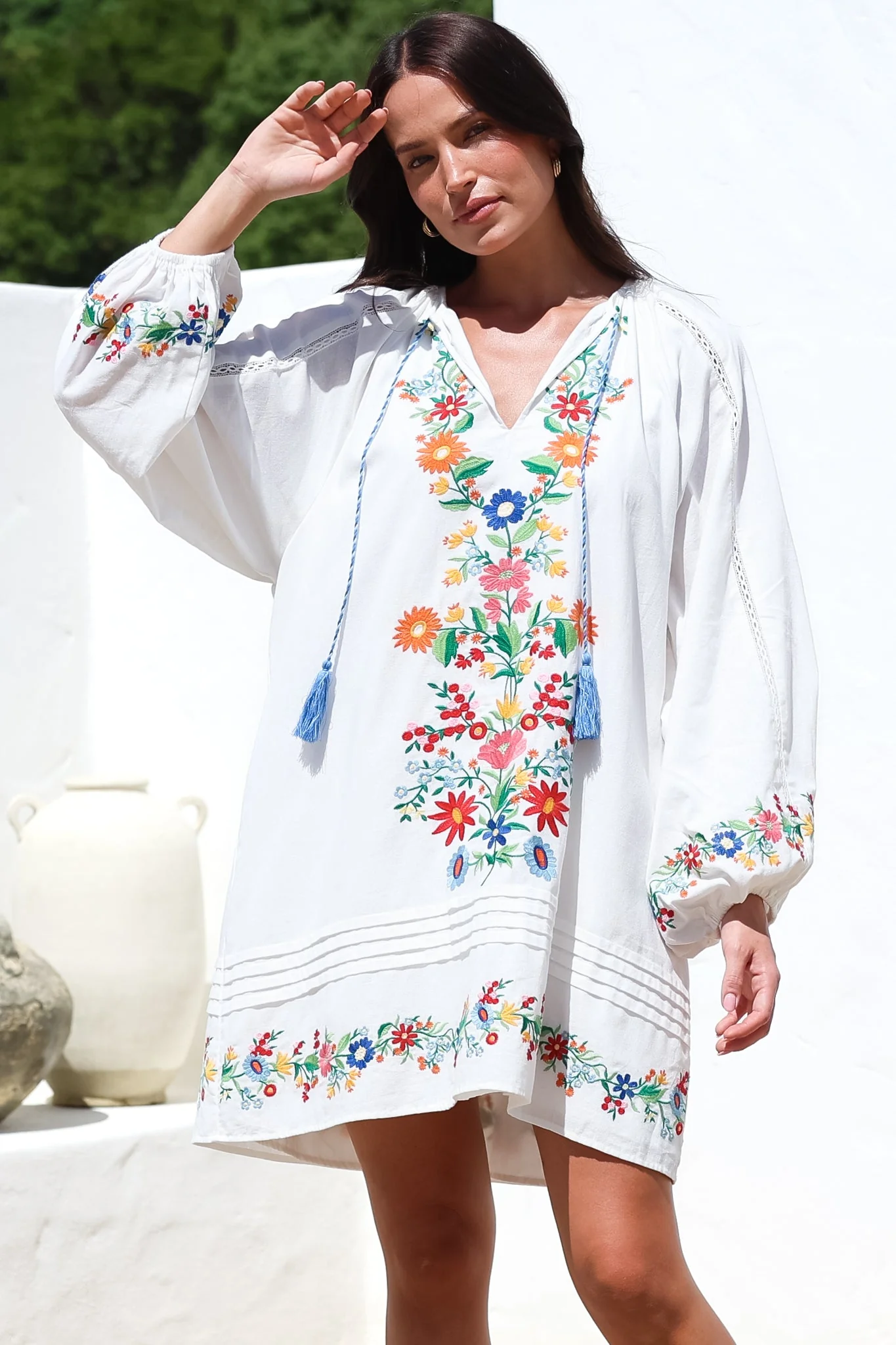 Margerie Long Sleeve Mini Dress - V-Neck Multicoloured Floral Embroidered Shift Dress in White - Image 2