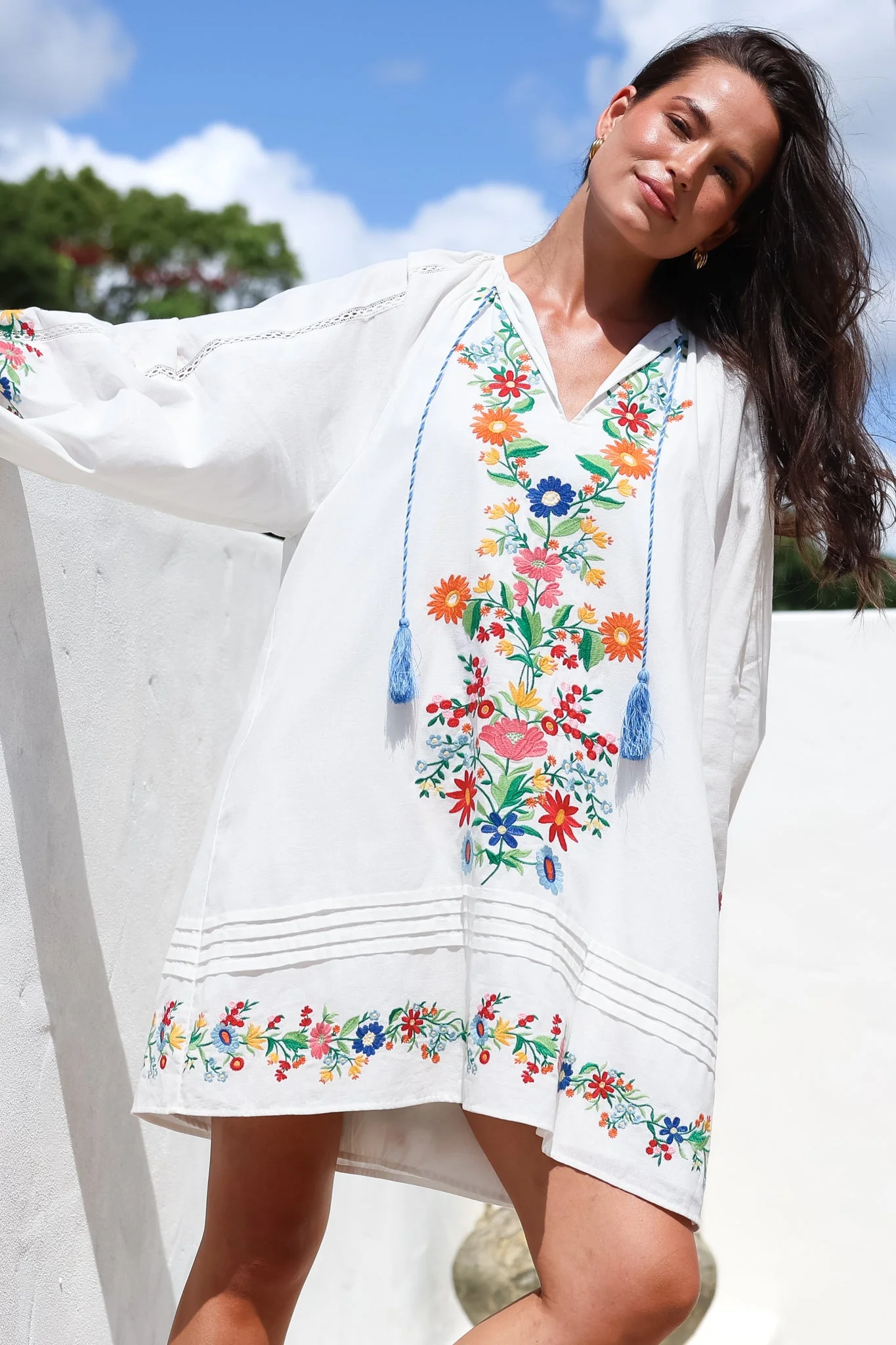 Margerie Long Sleeve Mini Dress - V-Neck Multicoloured Floral Embroidered Shift Dress in White - Image 3