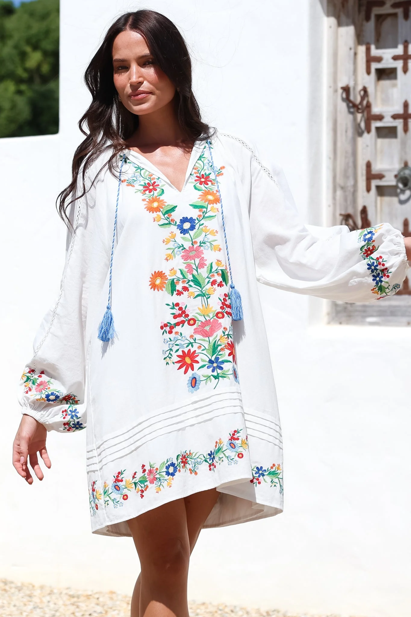 Margerie Long Sleeve Mini Dress - V-Neck Multicoloured Floral Embroidered Shift Dress in White - Image 5