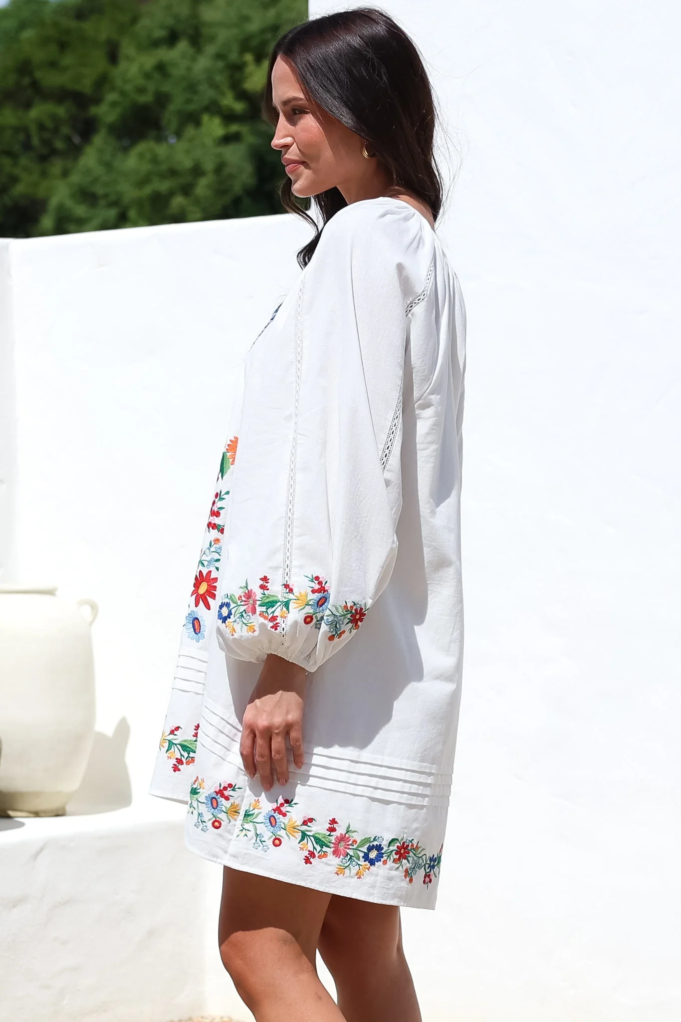 Margerie Long Sleeve Mini Dress - V-Neck Multicoloured Floral Embroidered Shift Dress in White - Image 7
