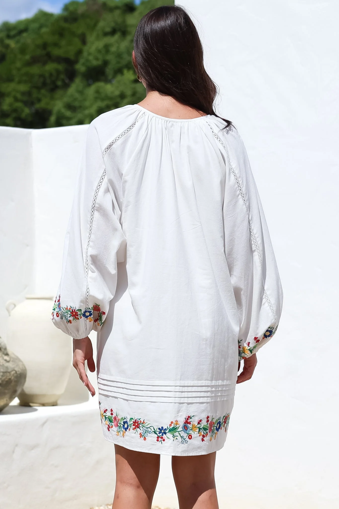Margerie Long Sleeve Mini Dress - V-Neck Multicoloured Floral Embroidered Shift Dress in White - Image 8