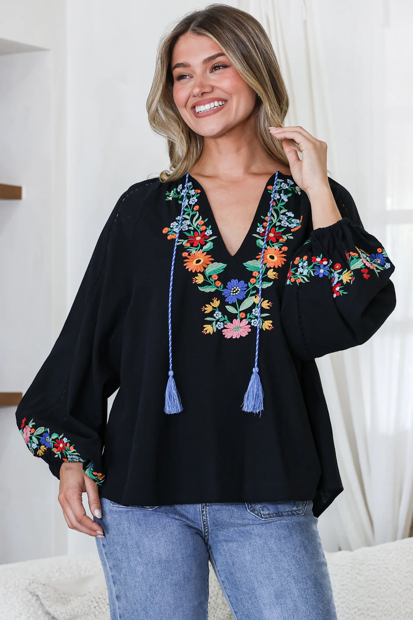 Margerie Top - Floral Embroidered Top with Long Sleeves in Black - Image 2