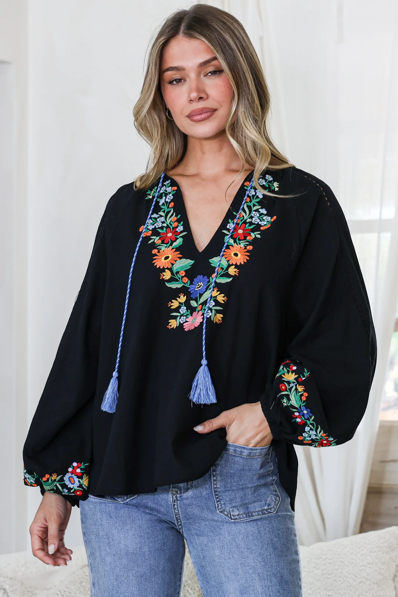 Margerie Top - Floral Embroidered Top with Long Sleeves in Black - Image 3