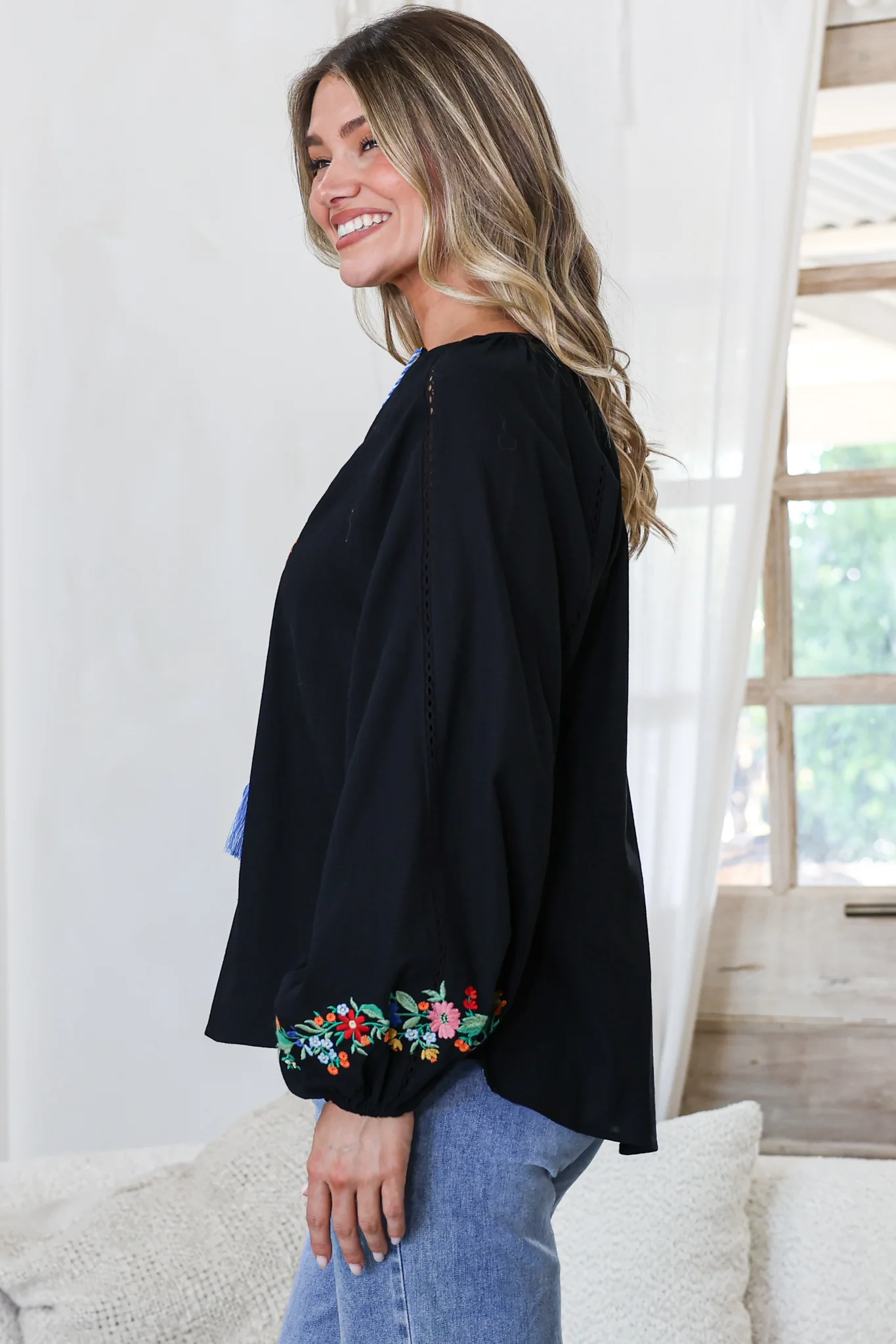 Margerie Top - Floral Embroidered Top with Long Sleeves in Black - Image 7