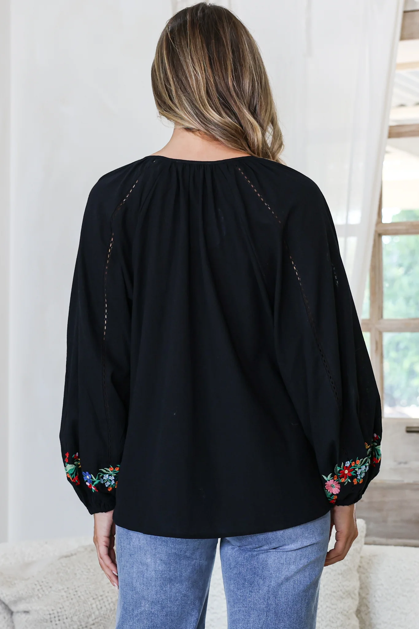 Margerie Top - Floral Embroidered Top with Long Sleeves in Black - Image 8