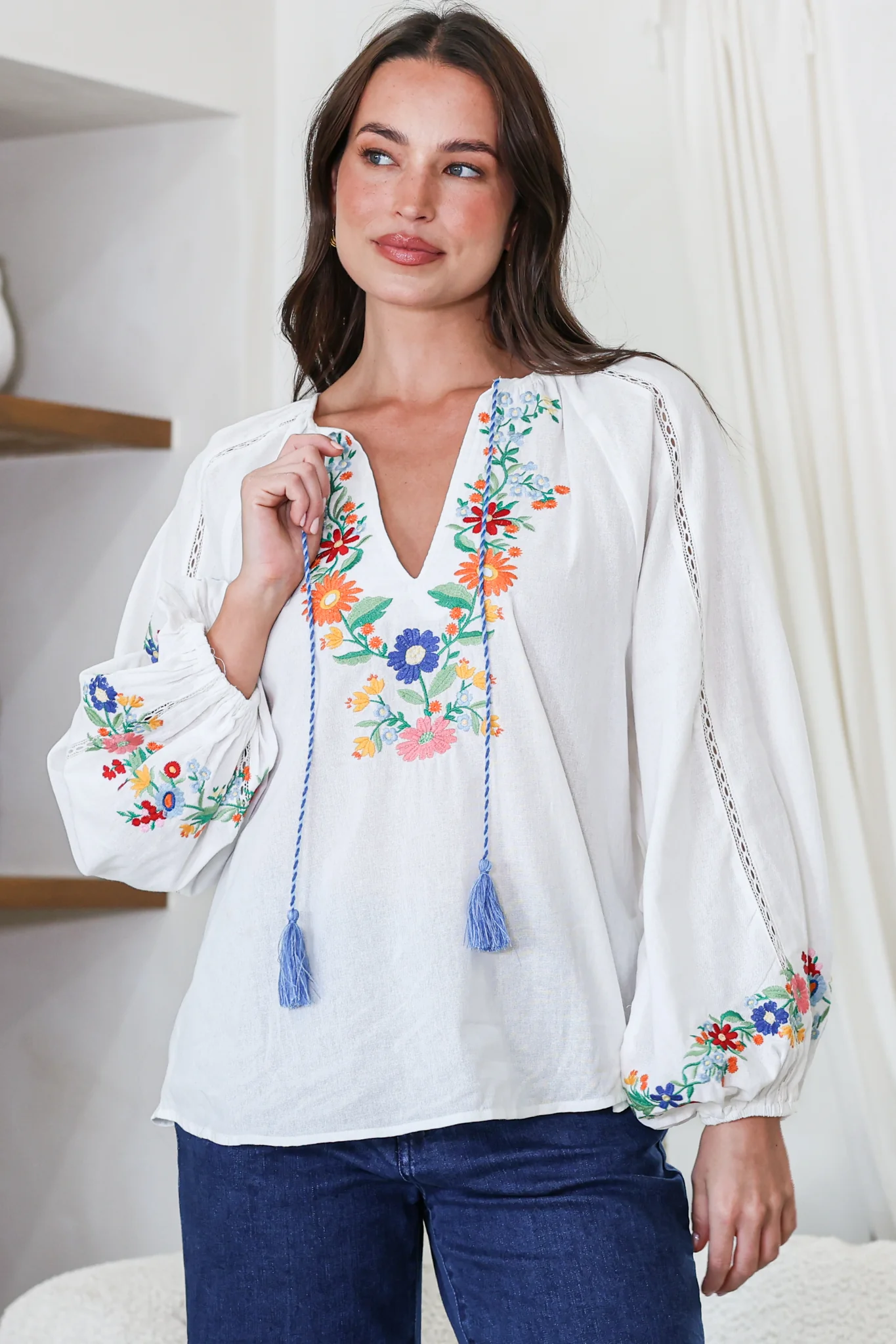 Margerie Top - Floral Embroidered Top with Long Sleeves in White - Image 2