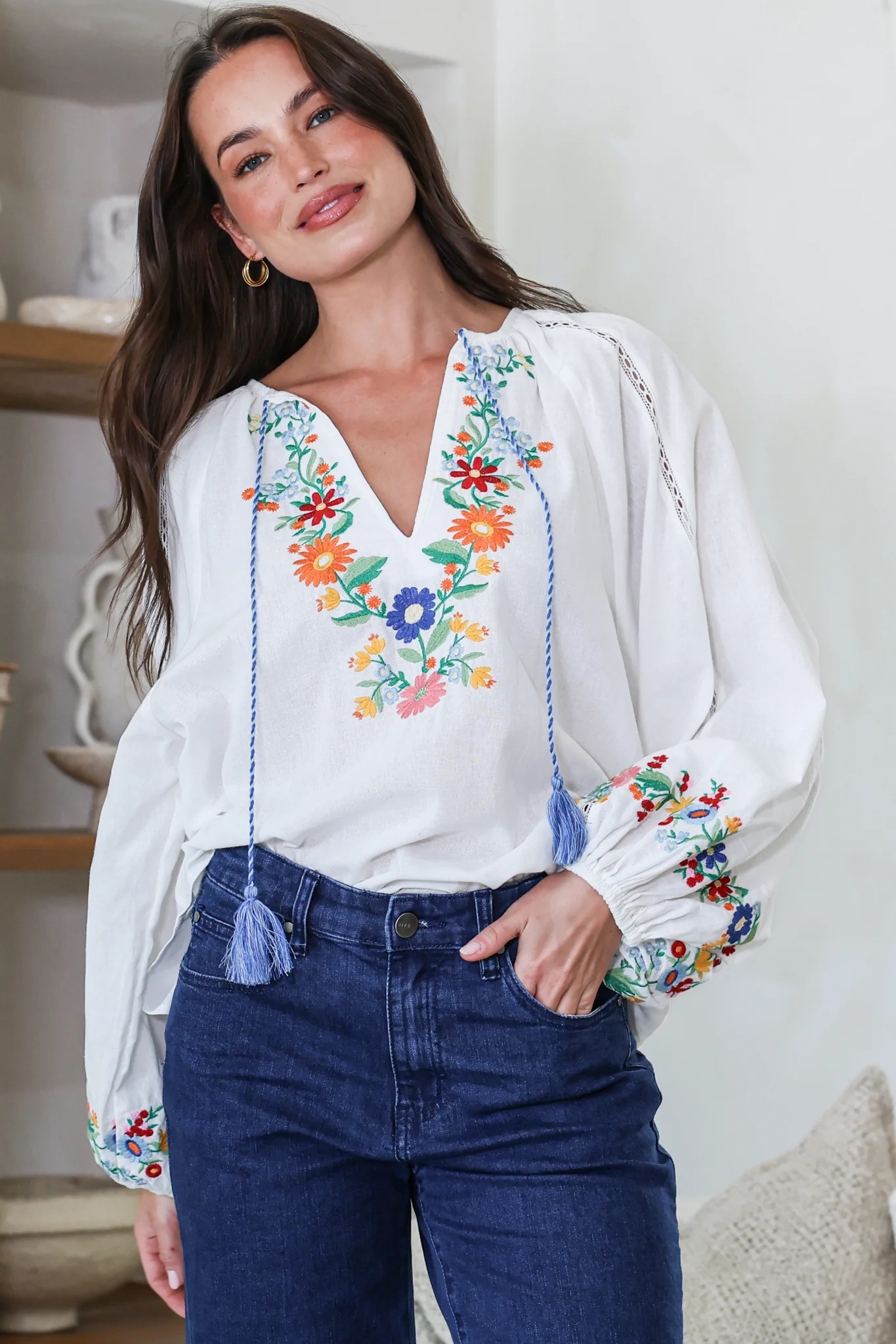 Margerie Top - Floral Embroidered Top with Long Sleeves in White - Image 3