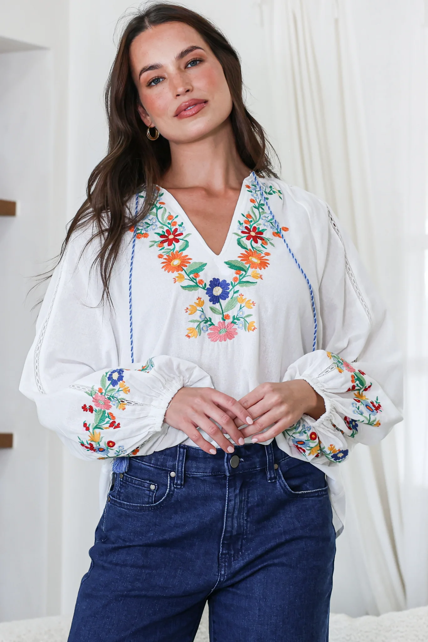 Margerie Top - Floral Embroidered Top with Long Sleeves in White - Image 4