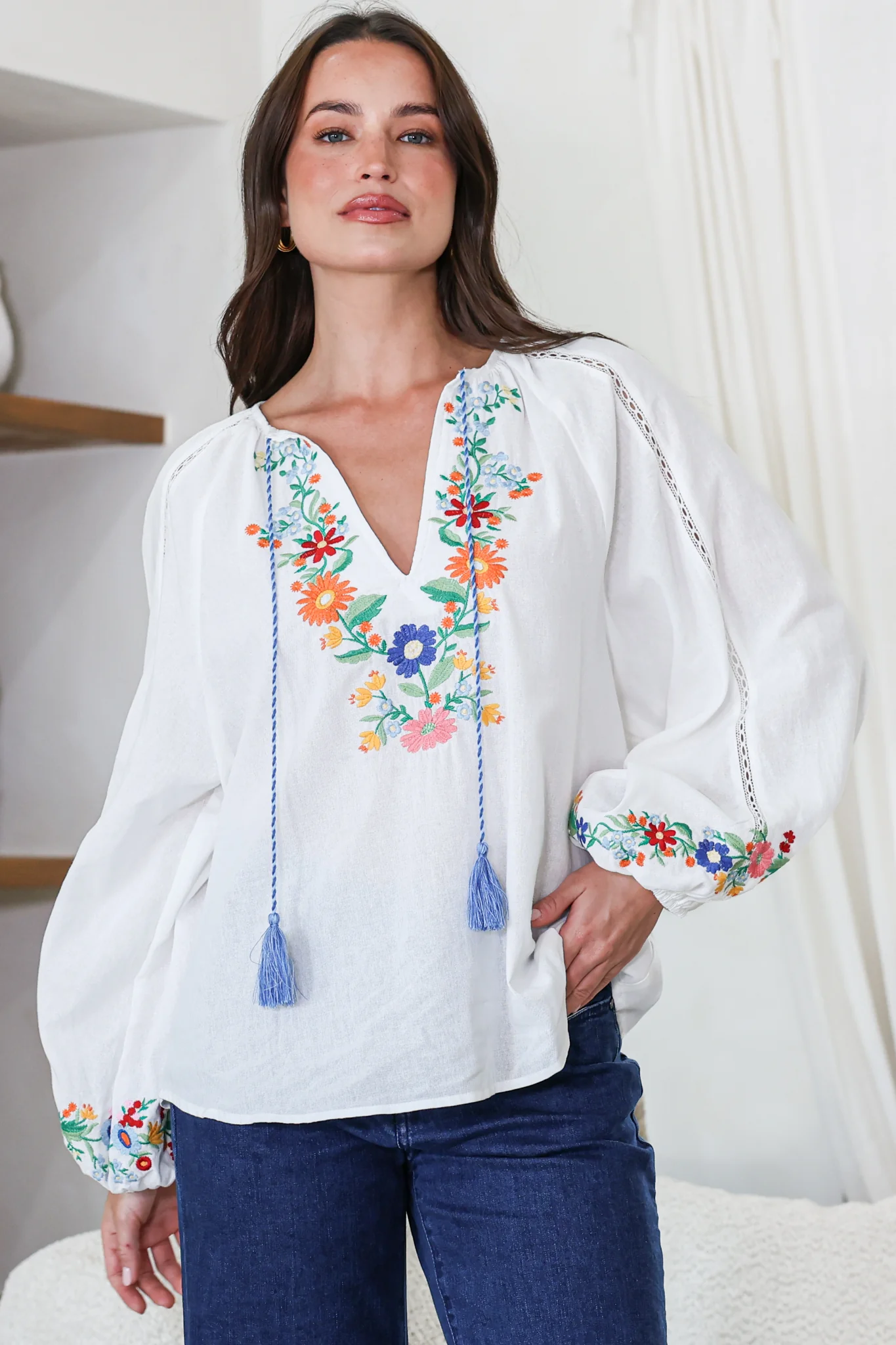 Margerie Top - Floral Embroidered Top with Long Sleeves in White - Image 5
