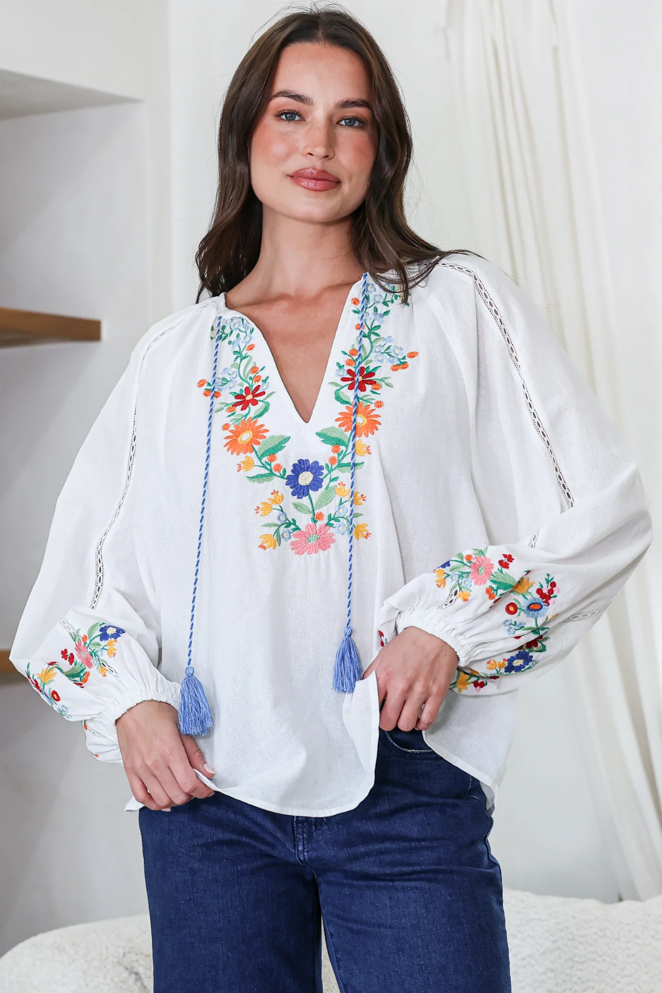 Margerie Top - Floral Embroidered Top with Long Sleeves in White - Image 6