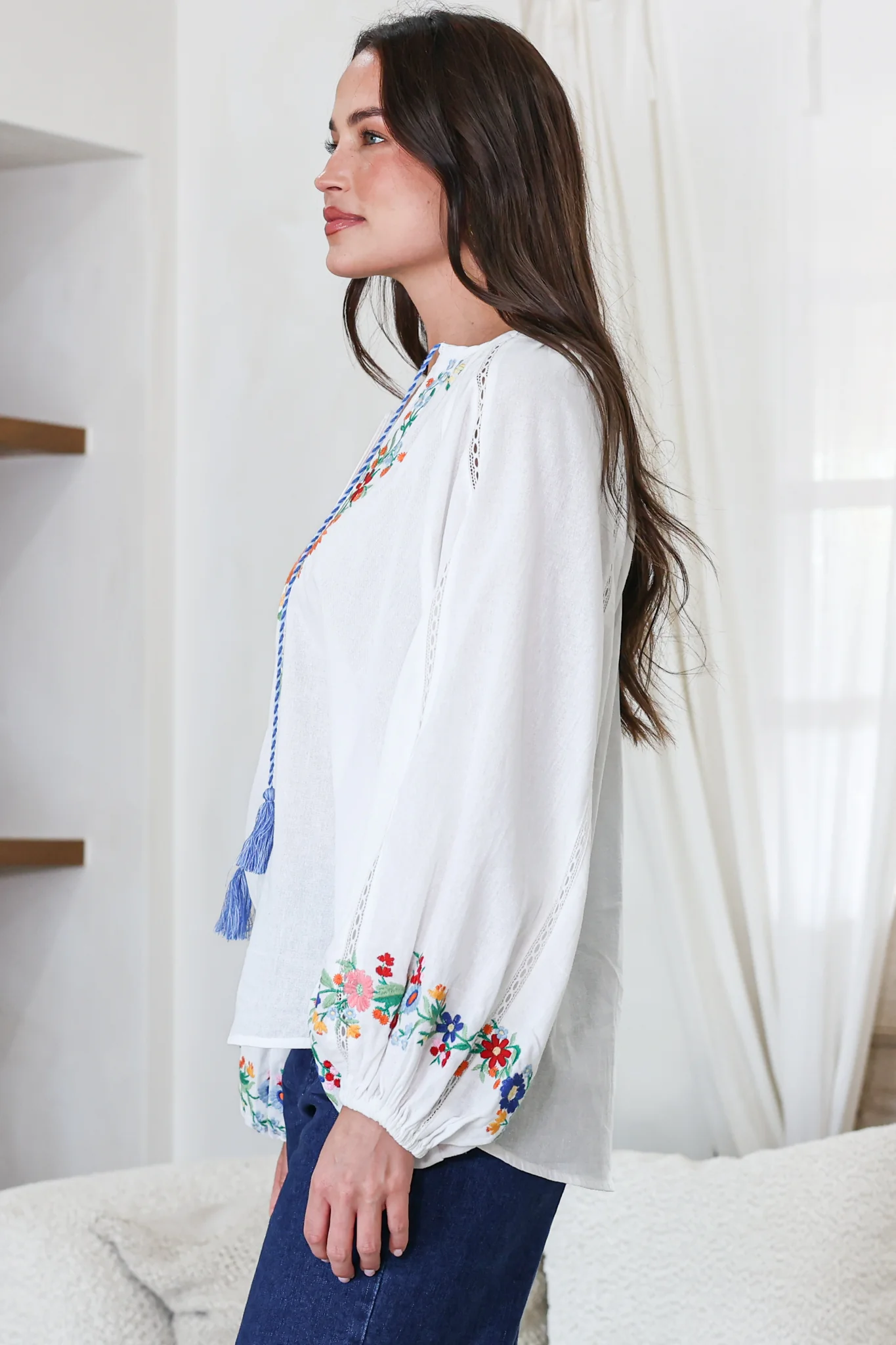 Margerie Top - Floral Embroidered Top with Long Sleeves in White - Image 7