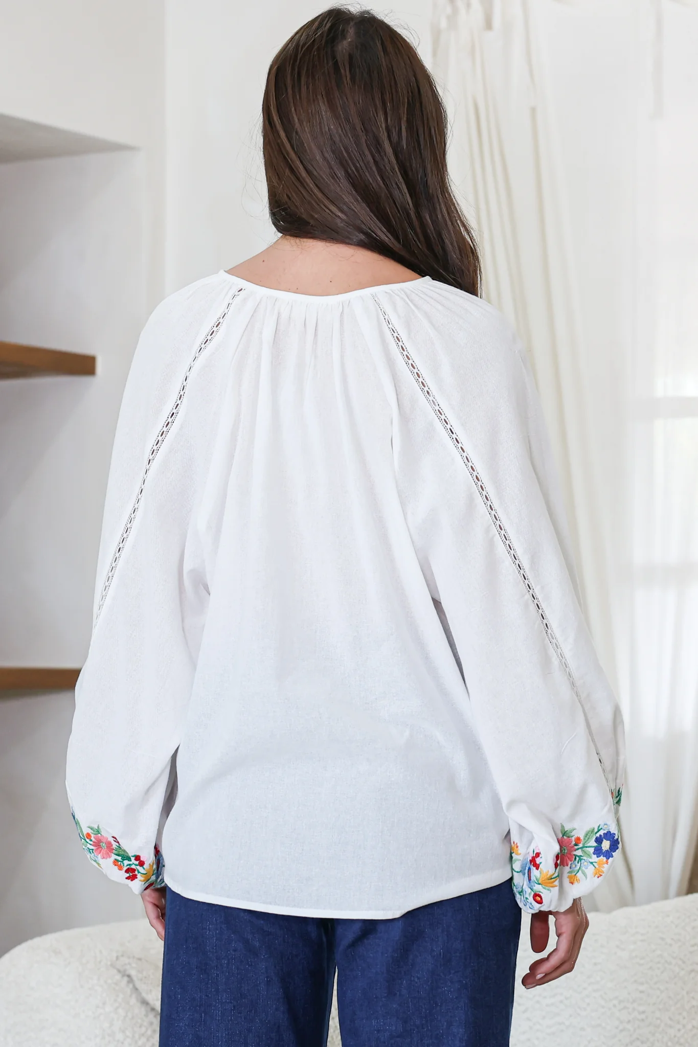 Margerie Top - Floral Embroidered Top with Long Sleeves in White - Image 8