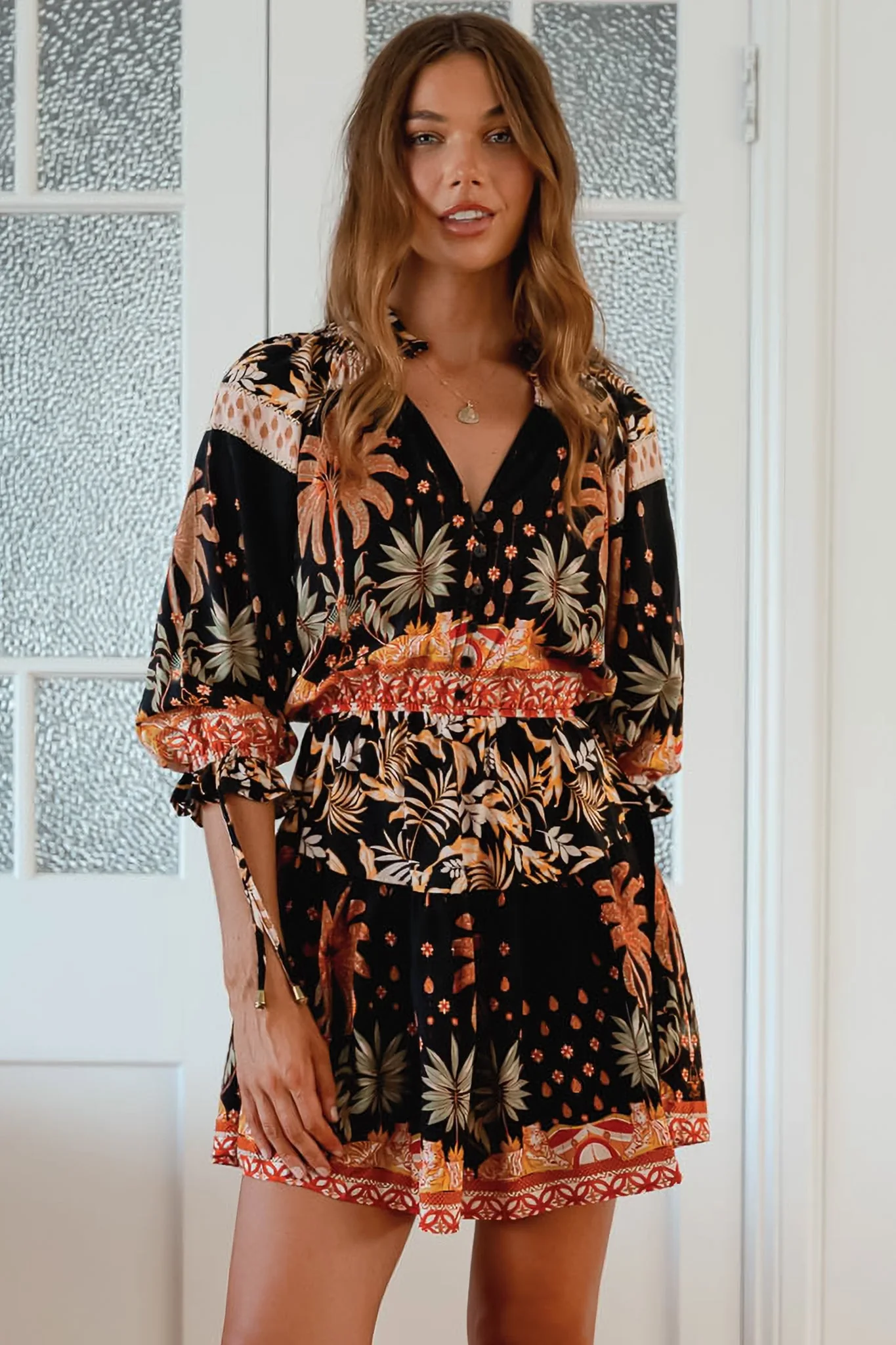 JAASE - Marice Mini Dress: Mandarin Collar V Neck Skater Dress in Jardin Print - Image 2
