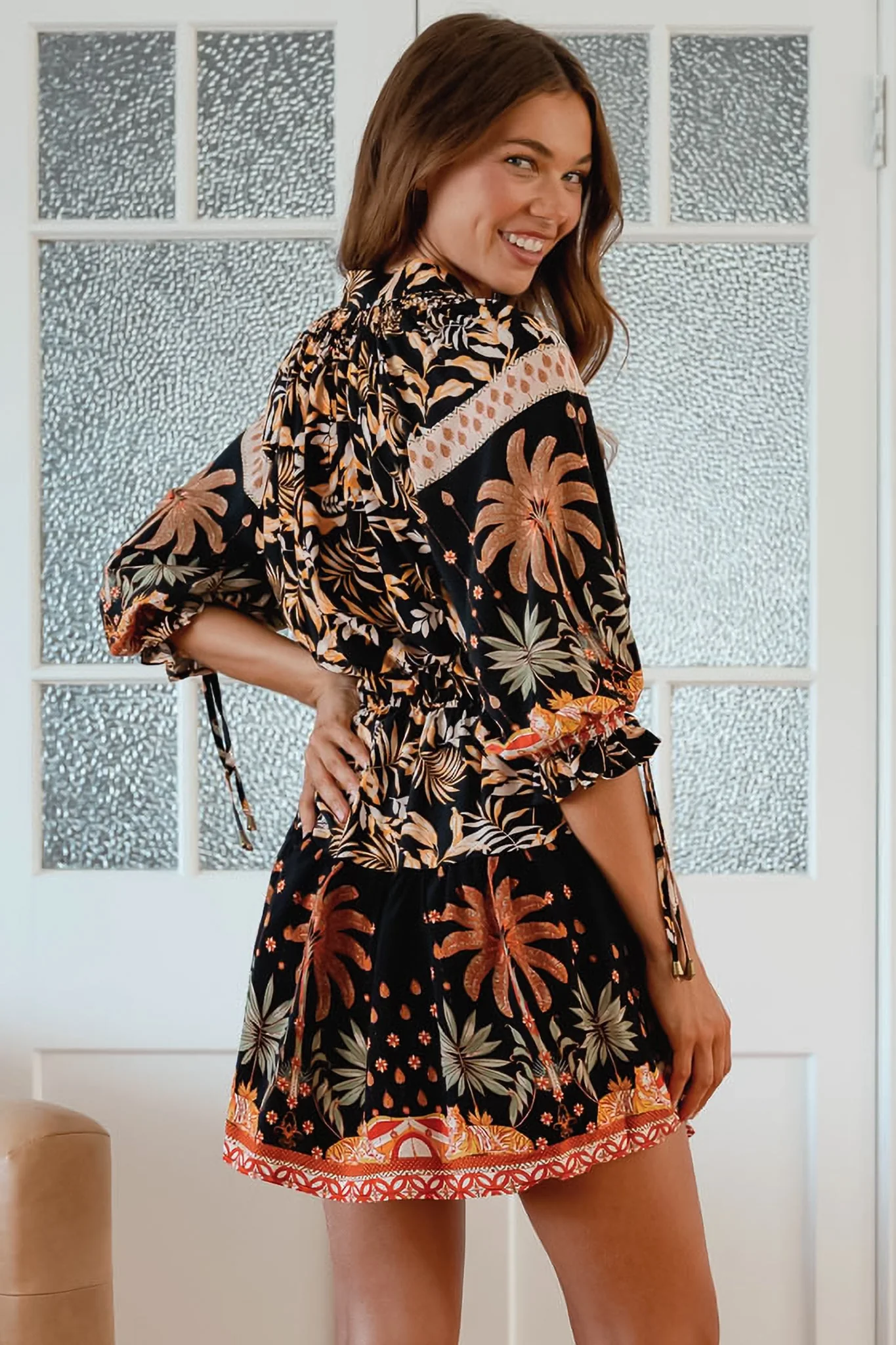 JAASE - Marice Mini Dress: Mandarin Collar V Neck Skater Dress in Jardin Print - Image 3