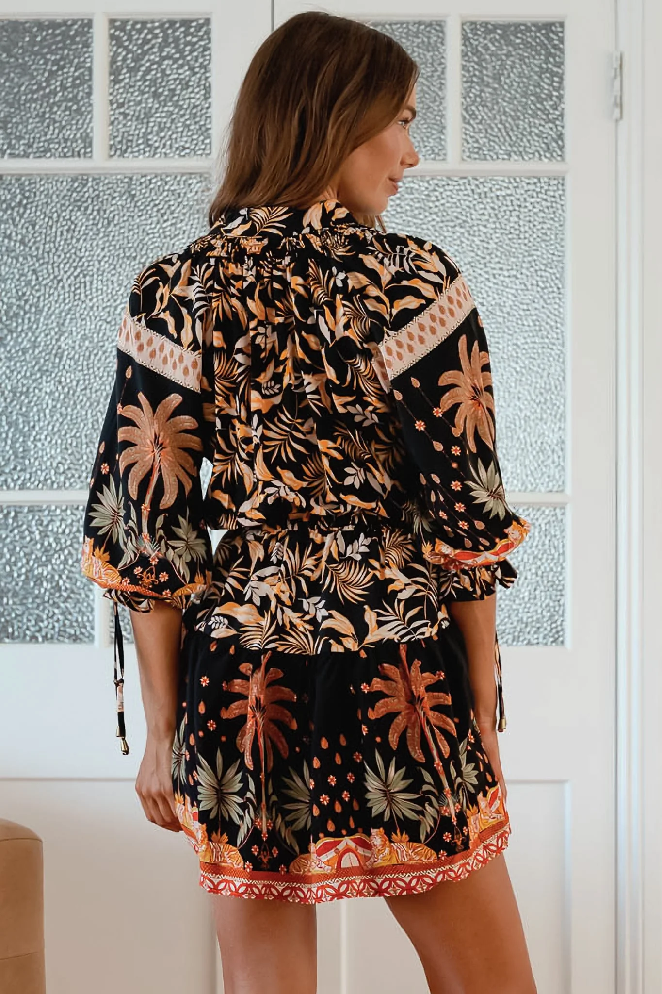 JAASE - Marice Mini Dress: Mandarin Collar V Neck Skater Dress in Jardin Print - Image 4