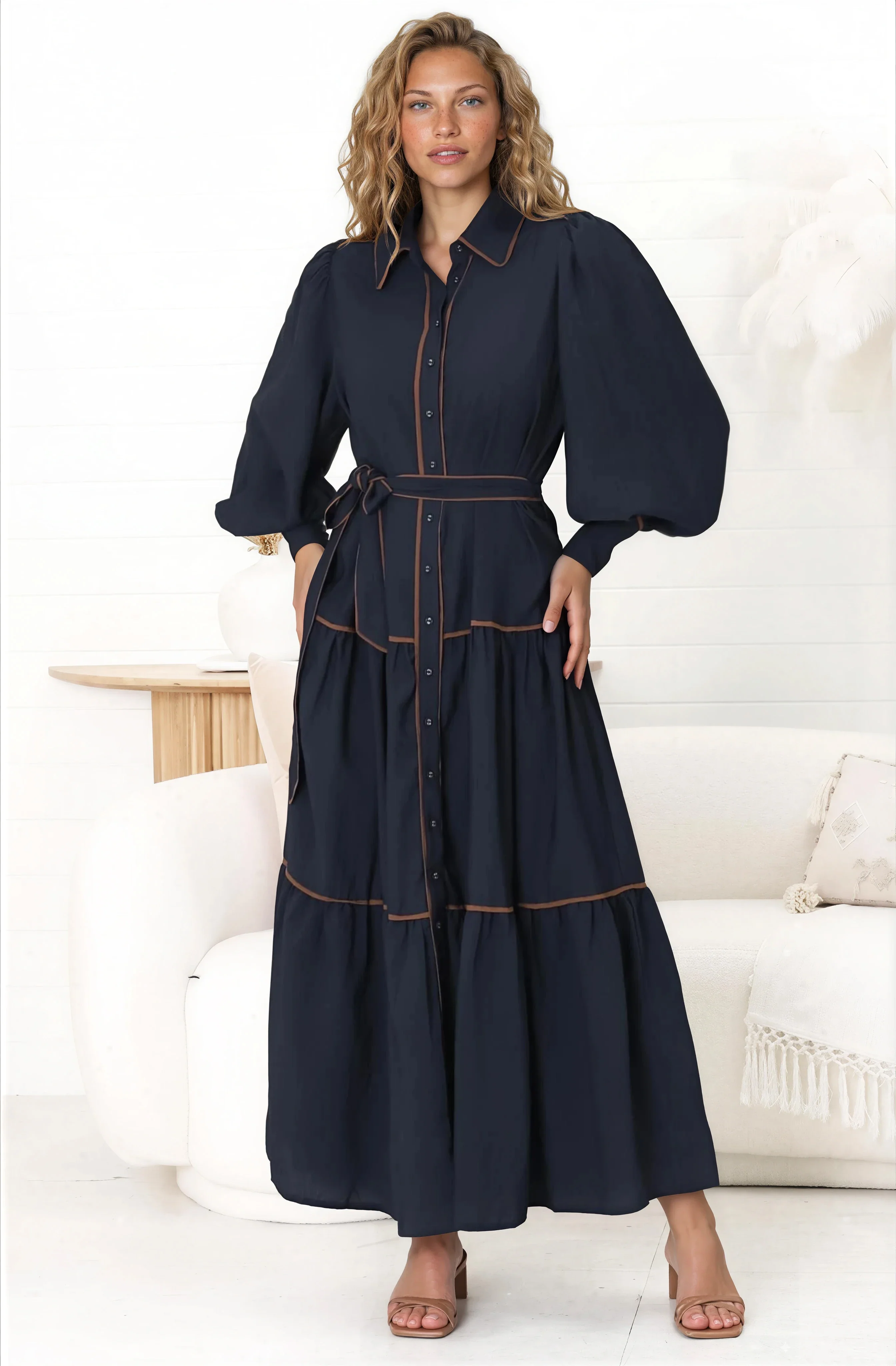 Marise Maxi Dress - A Line Dress with Collared Neckline and Long Sleeves in Navy - Image 2