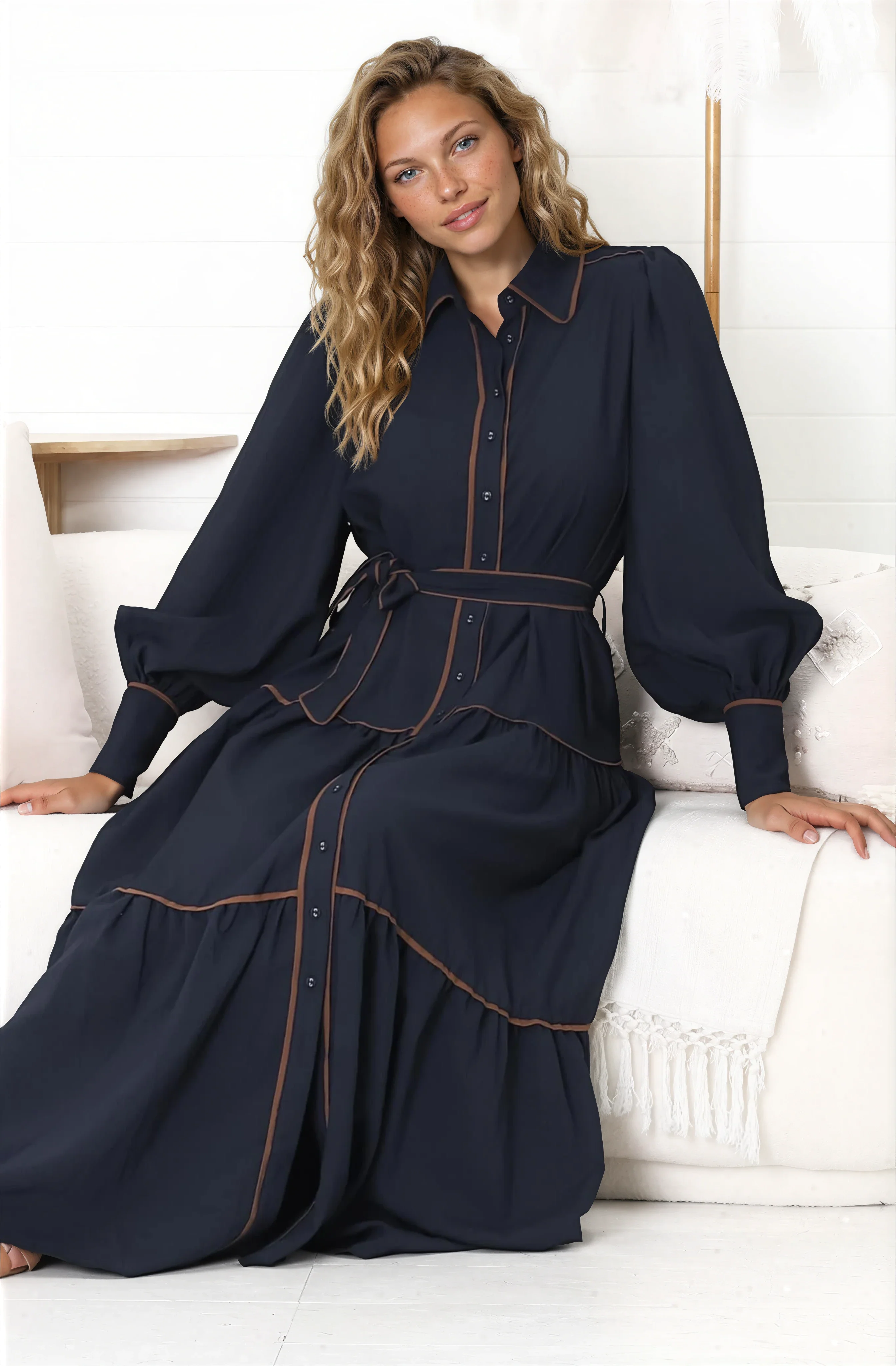 Marise Maxi Dress - A Line Dress with Collared Neckline and Long Sleeves in Navy - Image 3
