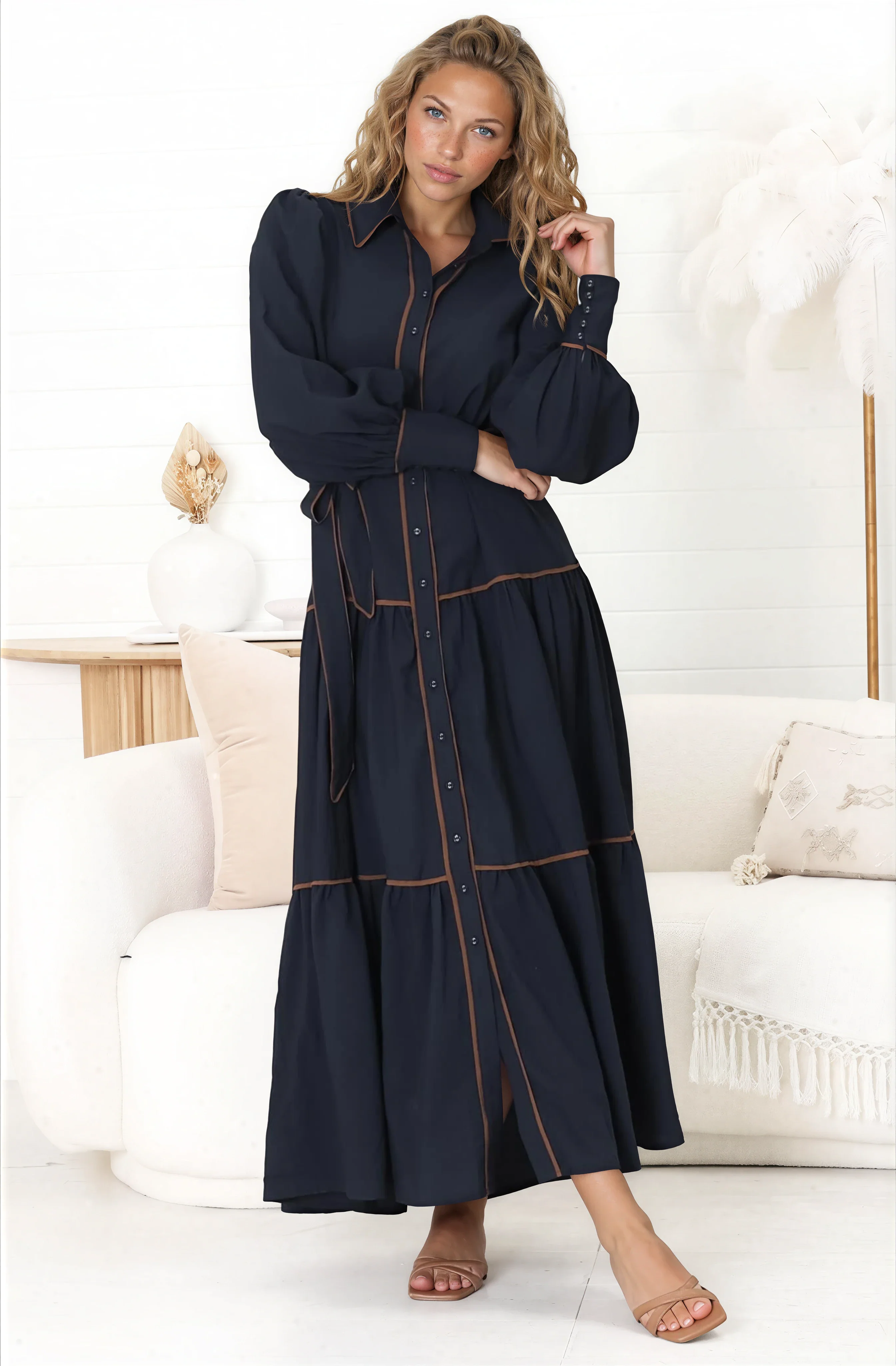 Marise Maxi Dress - A Line Dress with Collared Neckline and Long Sleeves in Navy - Image 4