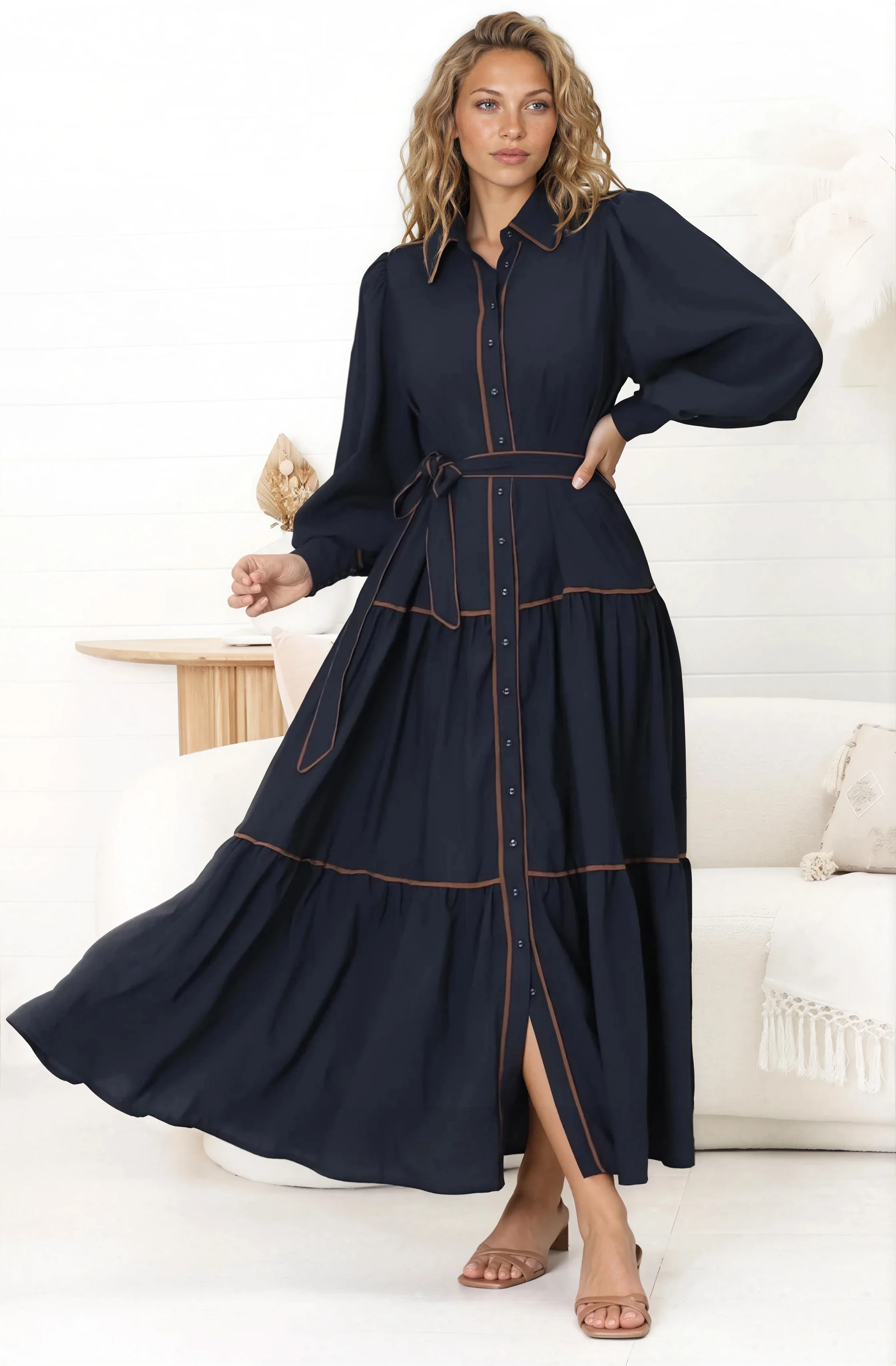 Marise Maxi Dress - A Line Dress with Collared Neckline and Long Sleeves in Navy - Image 5