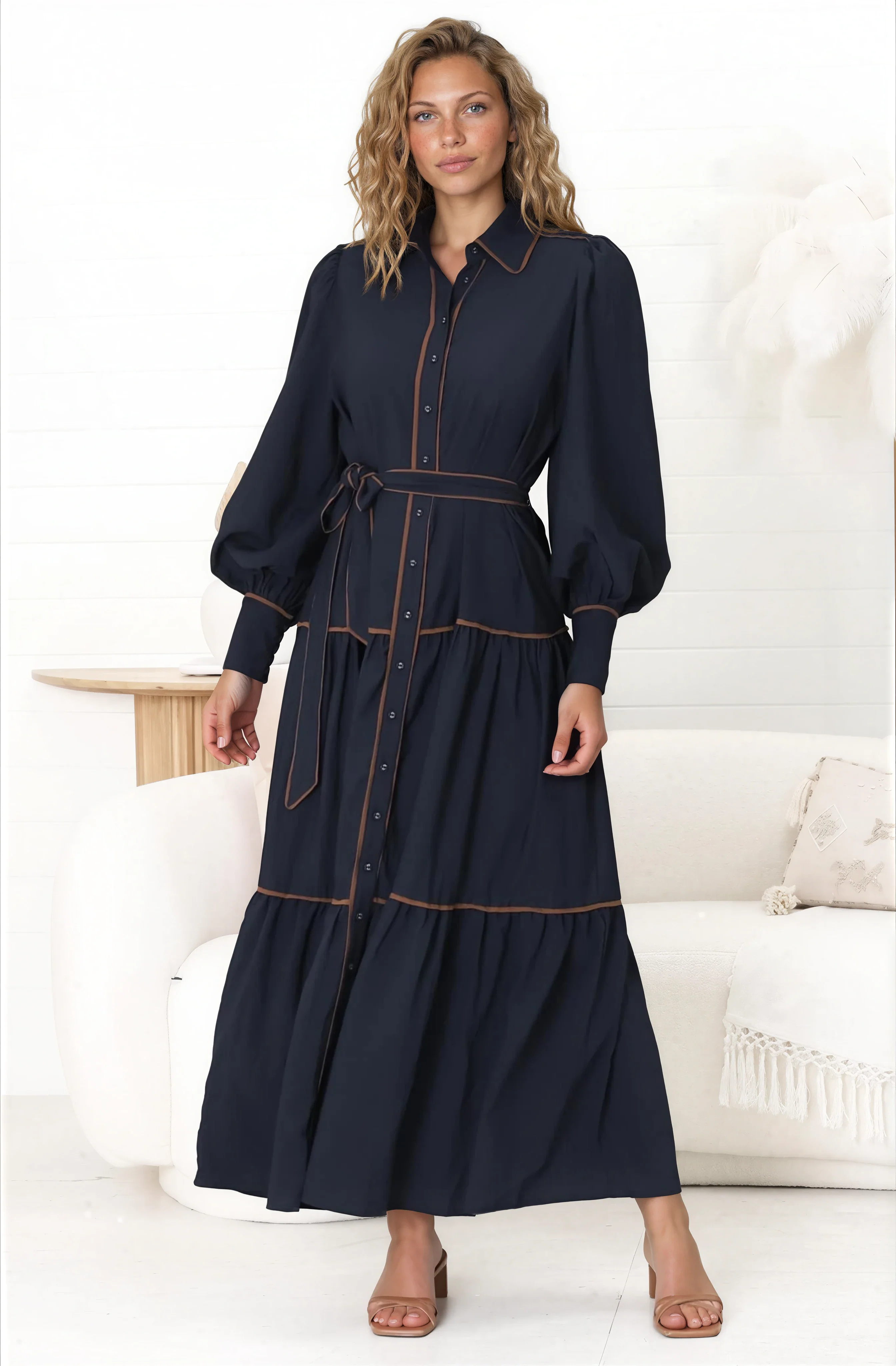 Marise Maxi Dress - A Line Dress with Collared Neckline and Long Sleeves in Navy - Image 6