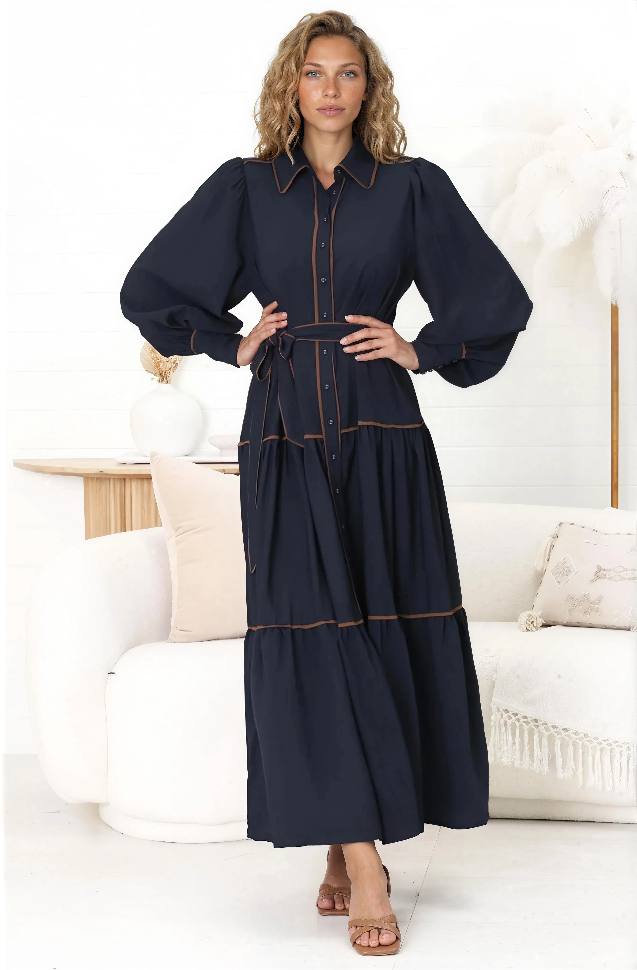 Marise Maxi Dress - A Line Dress with Collared Neckline and Long Sleeves in Navy - Image 7